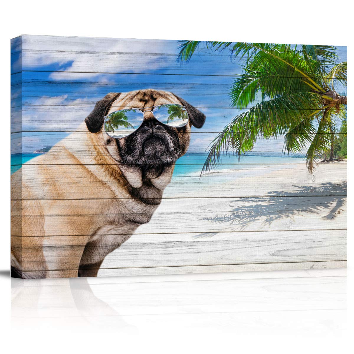 Chucoco Cool Pug Dog with Sunglasses Canvas Wall Art - Summer Beach Painting on Stretched Framed Canvas - Ready to Hang Home Decor - Perfect for Living Room, Bedroom & Office Wall Decor