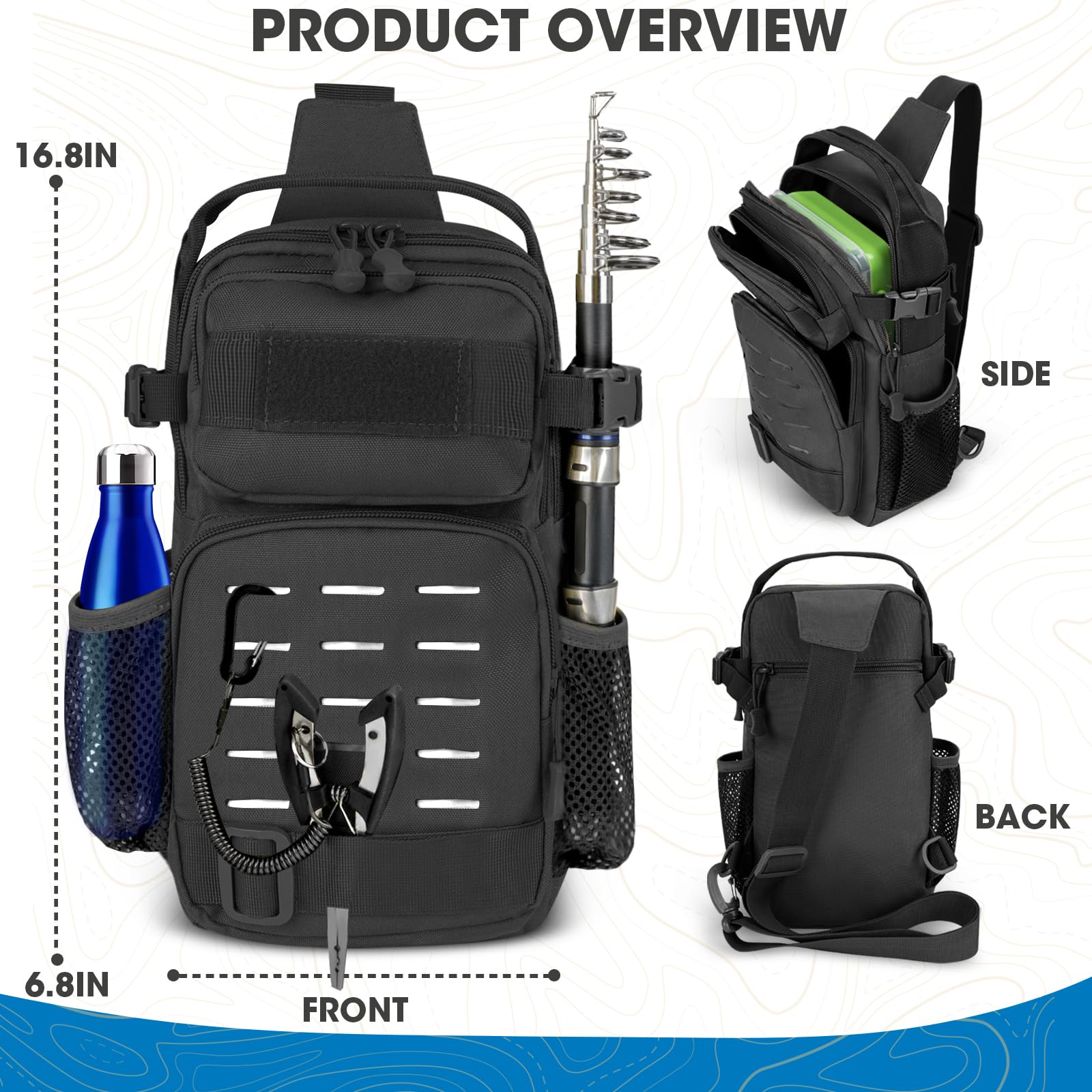 THKFISH 7-Piece Fishing Kit - Tactical Sling Bag with Pliers, Hook Remover & Digital Scale for Outdoor Fishing Adventures