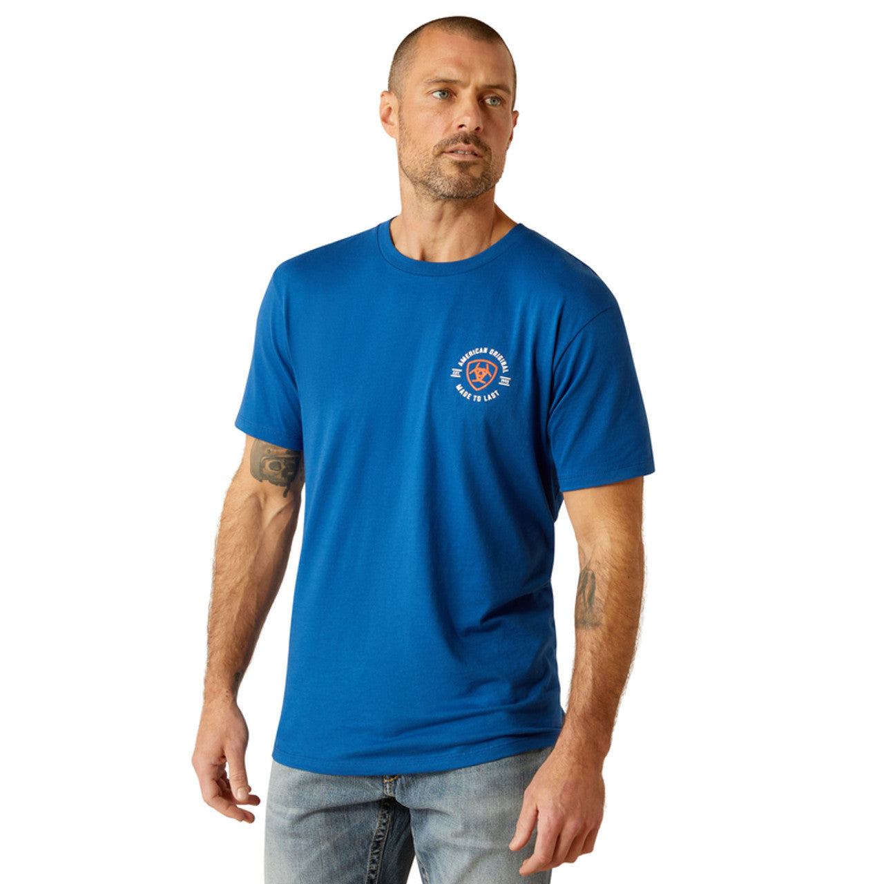 Ariat Men's Royal Blue T-Shirt with Orange Logo - Comfortable Casual Tee for Outdoor Activities, Work & Everyday Wear