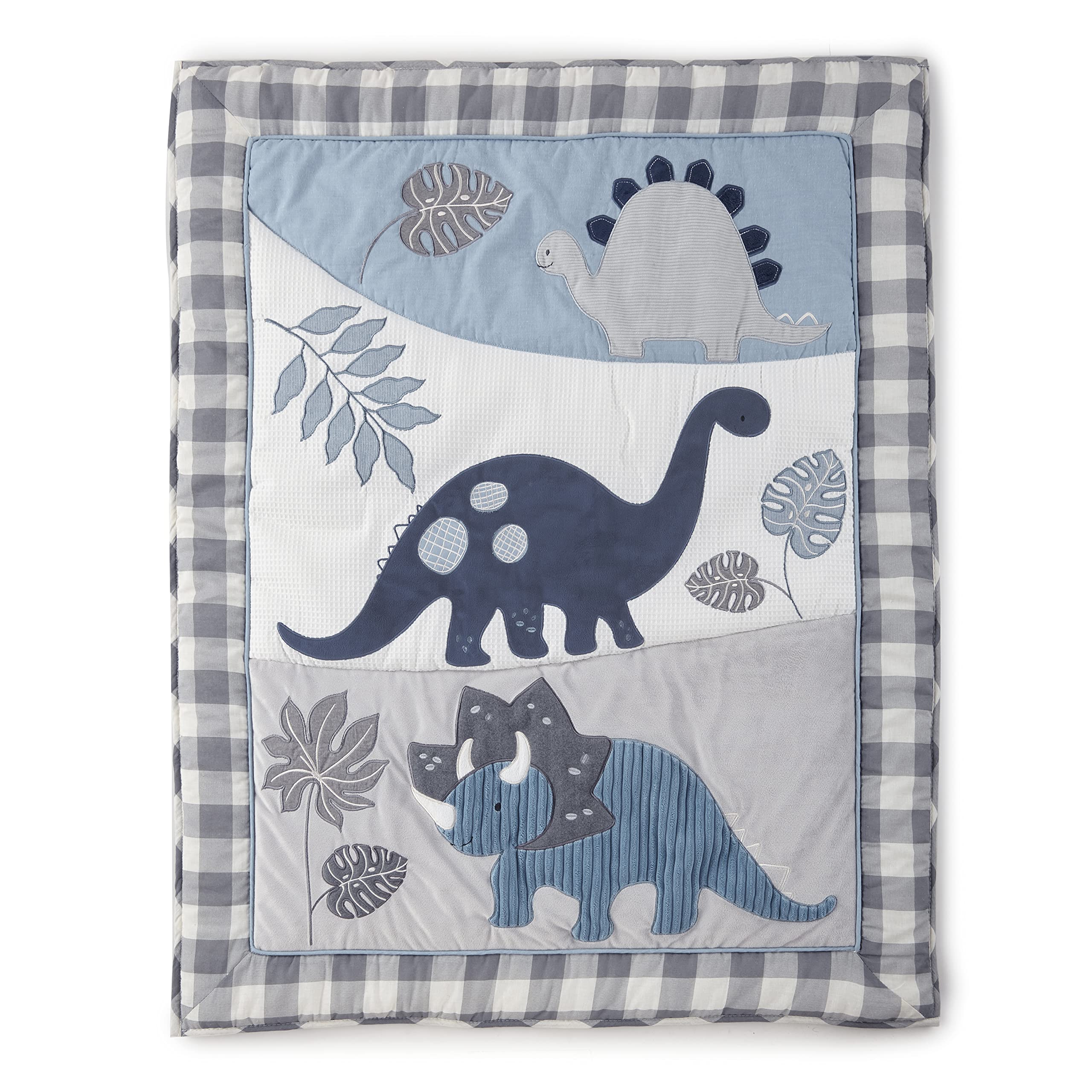 Levtex Baby Kipton 4-Piece Crib Bedding Set - Dinosaur & Leaf Print Nursery Collection in Grey, White & Blue - Includes Quilt, Fitted Sheet, Dust Ruffle & Wall Decal - Perfect for Newborn & Toddler Room Decor