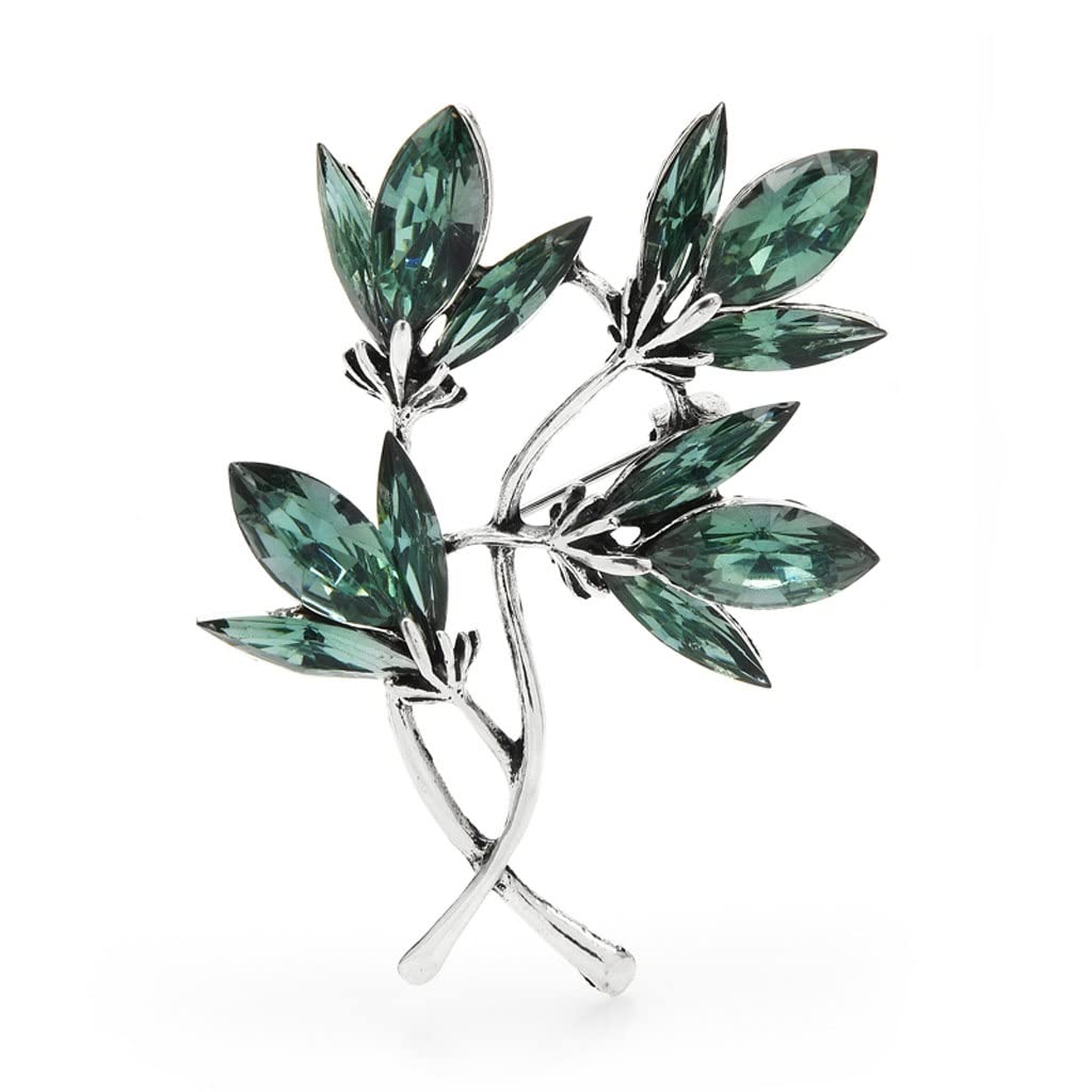 Green Sparkling Crystal Flower Brooch Pin for Women - Elegant Leaf Badge Fashion Jewelry - Perfect for Dresses, Coats & Special Occasions