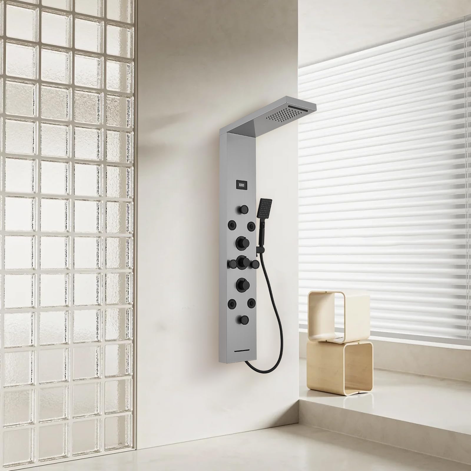 BWE 6-in-1 Stainless Steel Shower Panel Tower System with Body Jets, Rainfall & Waterfall Shower Head, Brushed Nickel Finish, Temperature Display & Tub Spout - Perfect for Luxury Bathroom Renovation & Spa-like Shower Experience