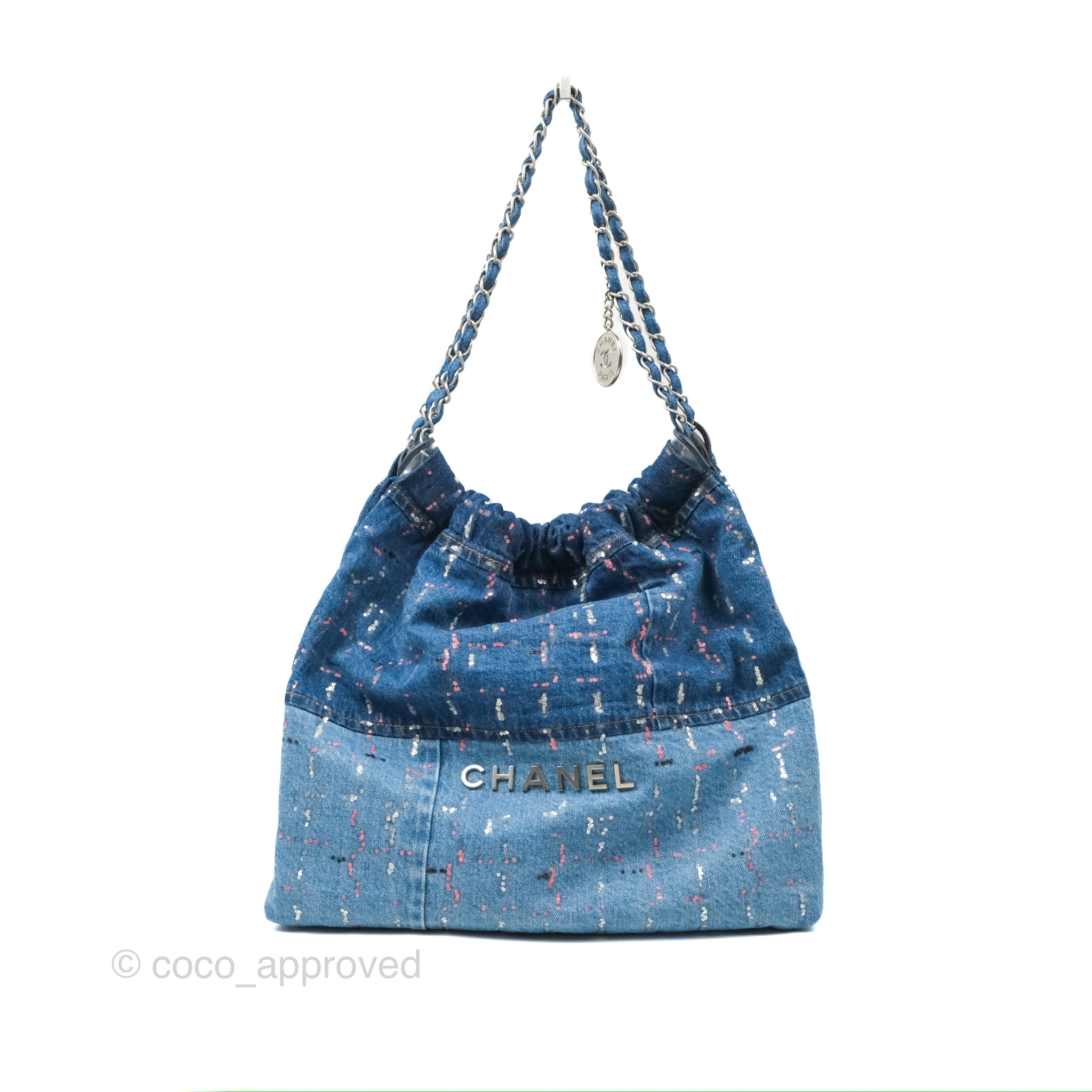 Chanel 22 Medium Denim Bag with Sequins & Aged Silver Hardware - Luxury Crossbody Bag for Women, Perfect for Parties & Evening Events