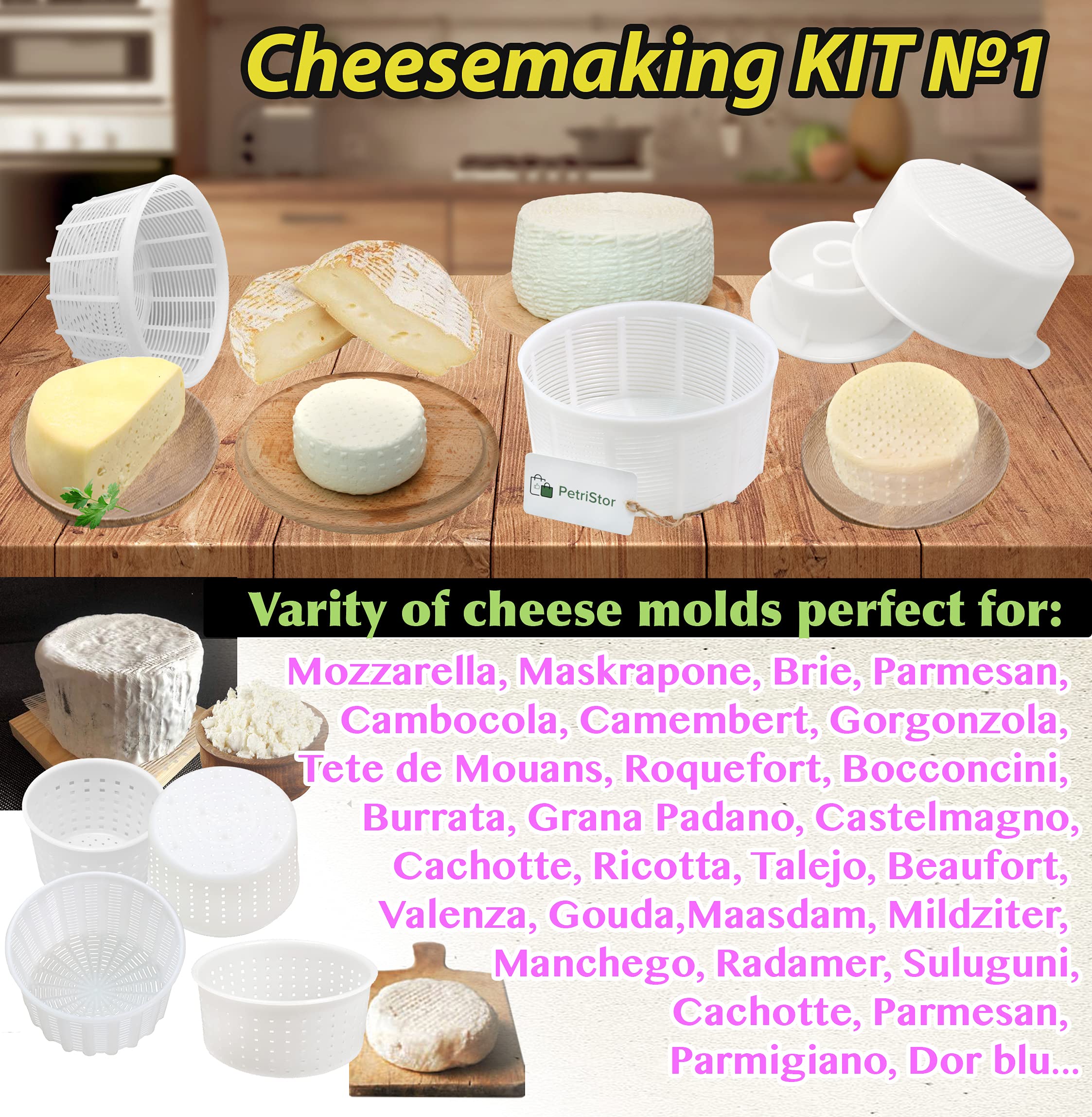 PetriStor 7-Piece Cheese Making Kit for Beginners - Soft Cheese Molds with Follower Piston - Cream Cheese Form Mold Basket - DIY Homemade Mozzarella, Ricotta & Goat Cheese Supplies (Perfect for Home Cheesemaking, Gifts & Culinary Classes)