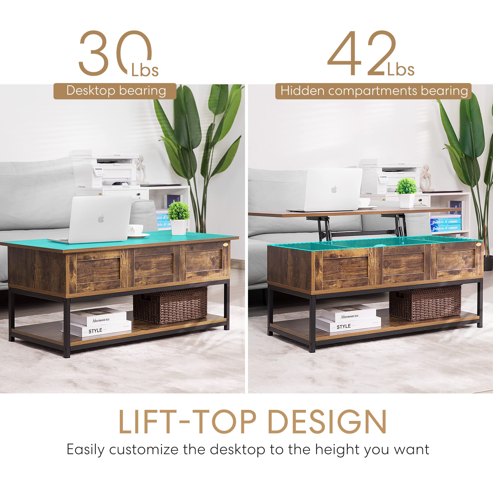 VIVOHOME Lift Top Coffee Table with Steel Frame, Convertible Dining Table with Open Storage & Hidden Compartment - Rustic Brown - Perfect for Living Room, Office, Small Apartment & Studio Spaces