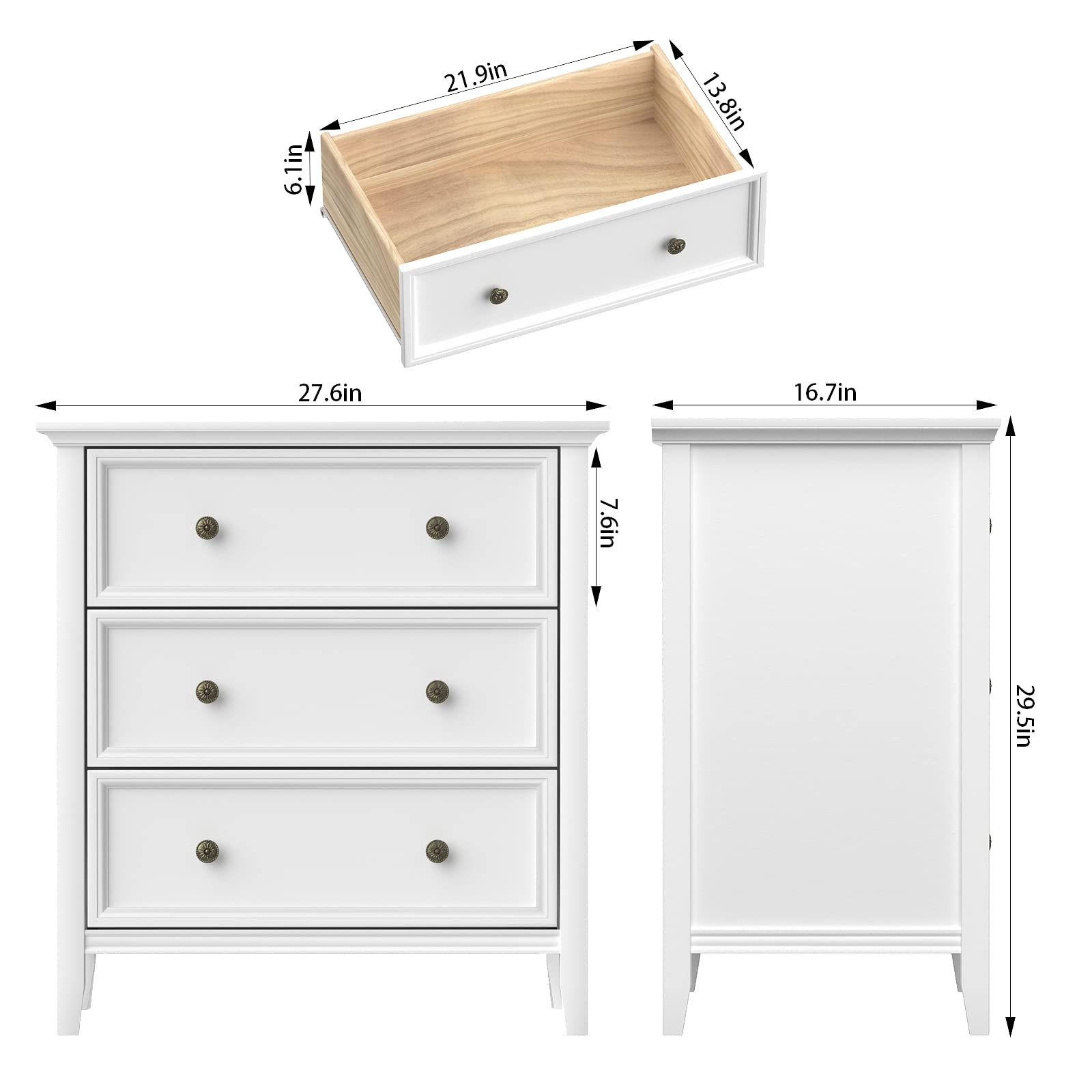 IKENO White Nightstand with 3 Drawers & USB Charging Station - Solid Wood Bedside Table with Storage Organizer for Bedroom, Living Room, or Office