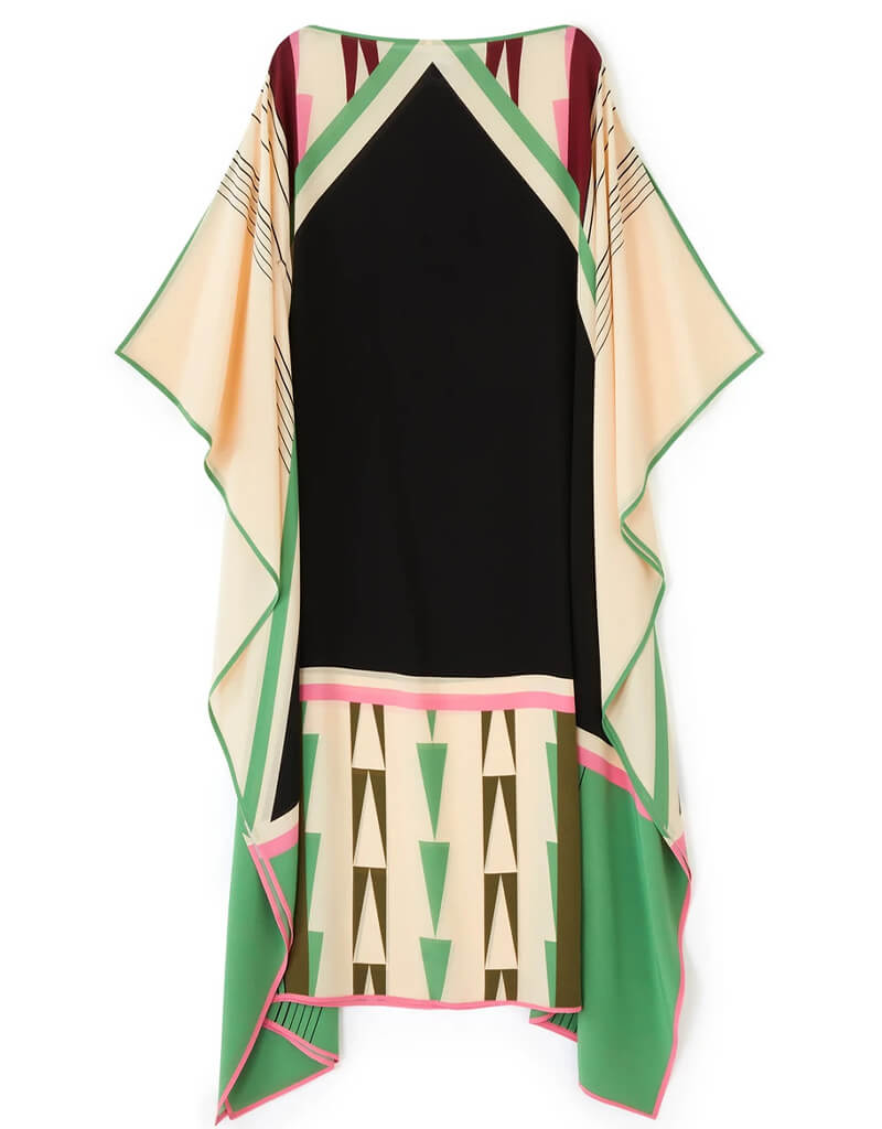 Luxury Black and Beige Silk Crepe Kaftan Dress - Elegant Flowy Maxi Kaftan for Women - Perfect for Beach Cover Up, Resort Wear & Boho Chic Outfits