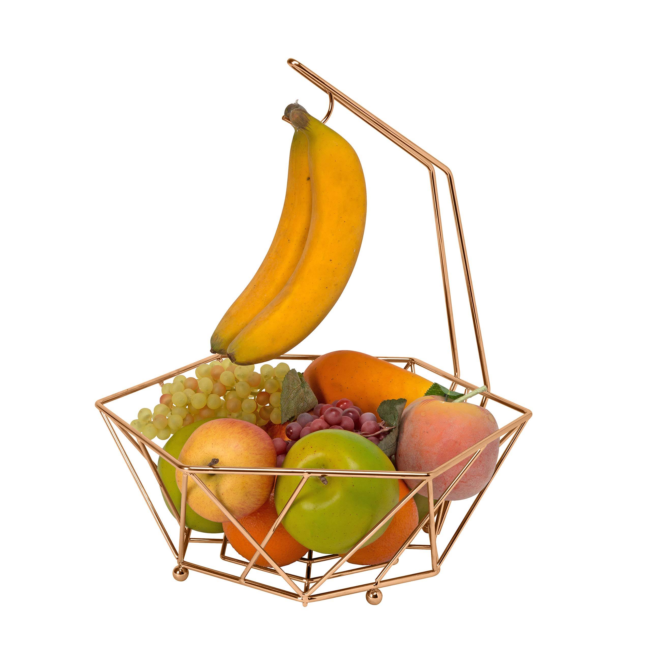 Geode Decorative Basket Bowl with Banana Tree Hanger - Rust-Resistant Copper Kitchen Organizer for Fruits, Vegetables & Home Decor | Perfect for Farmhouse, Boho & Modern Kitchens