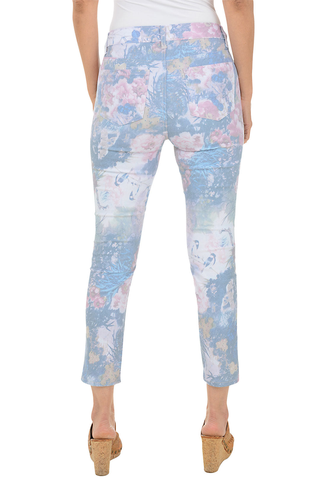 Stylish Faded Floral Twill Crop Pants for Women | High Waisted Summer Casual Trousers | Perfect for Beach, Vacation & Boho Outfits