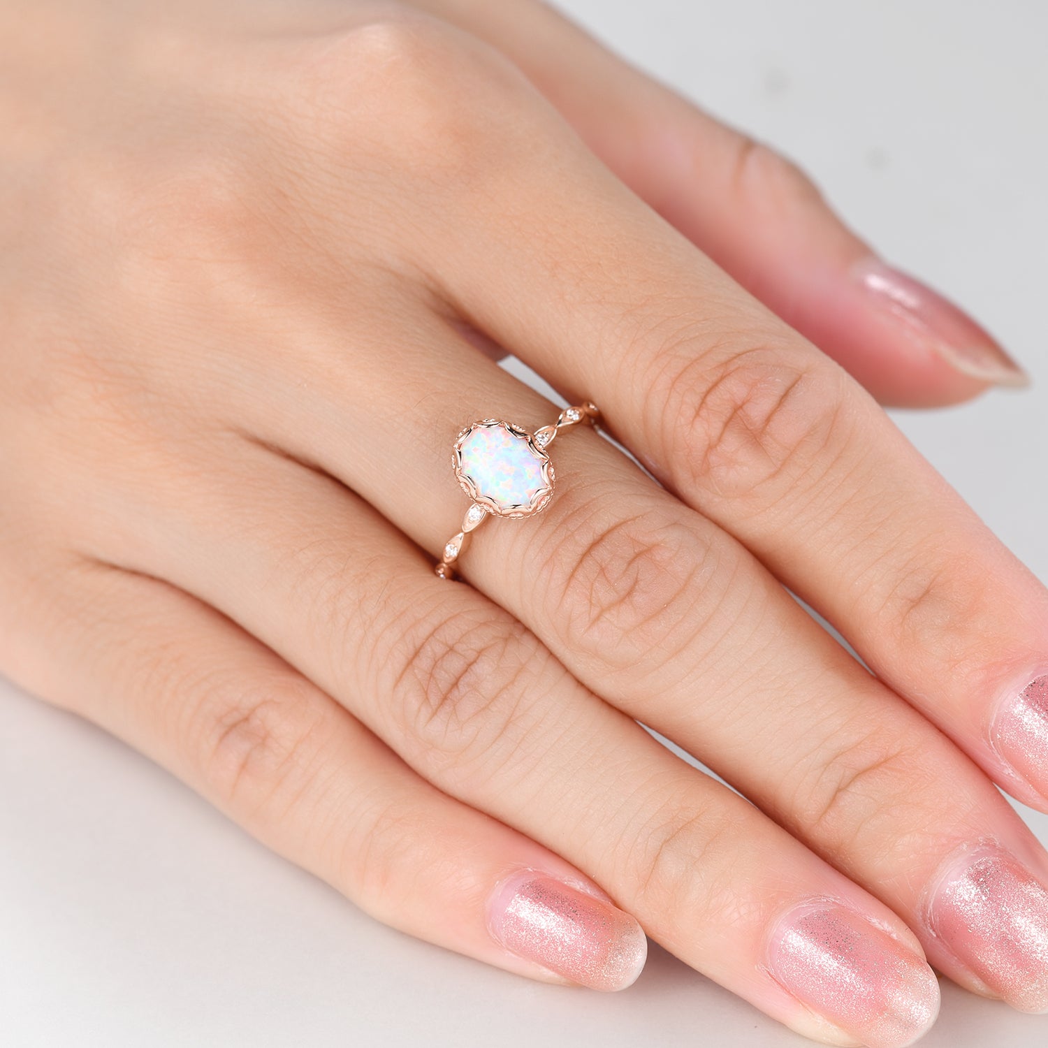 Filigree White Opal Bridal Ring - Rose Gold Full Eternity Band for Wedding, Anniversary & October Birthstone Gift - Perfect for Engagement, Bridal Shower & Romantic Occasions