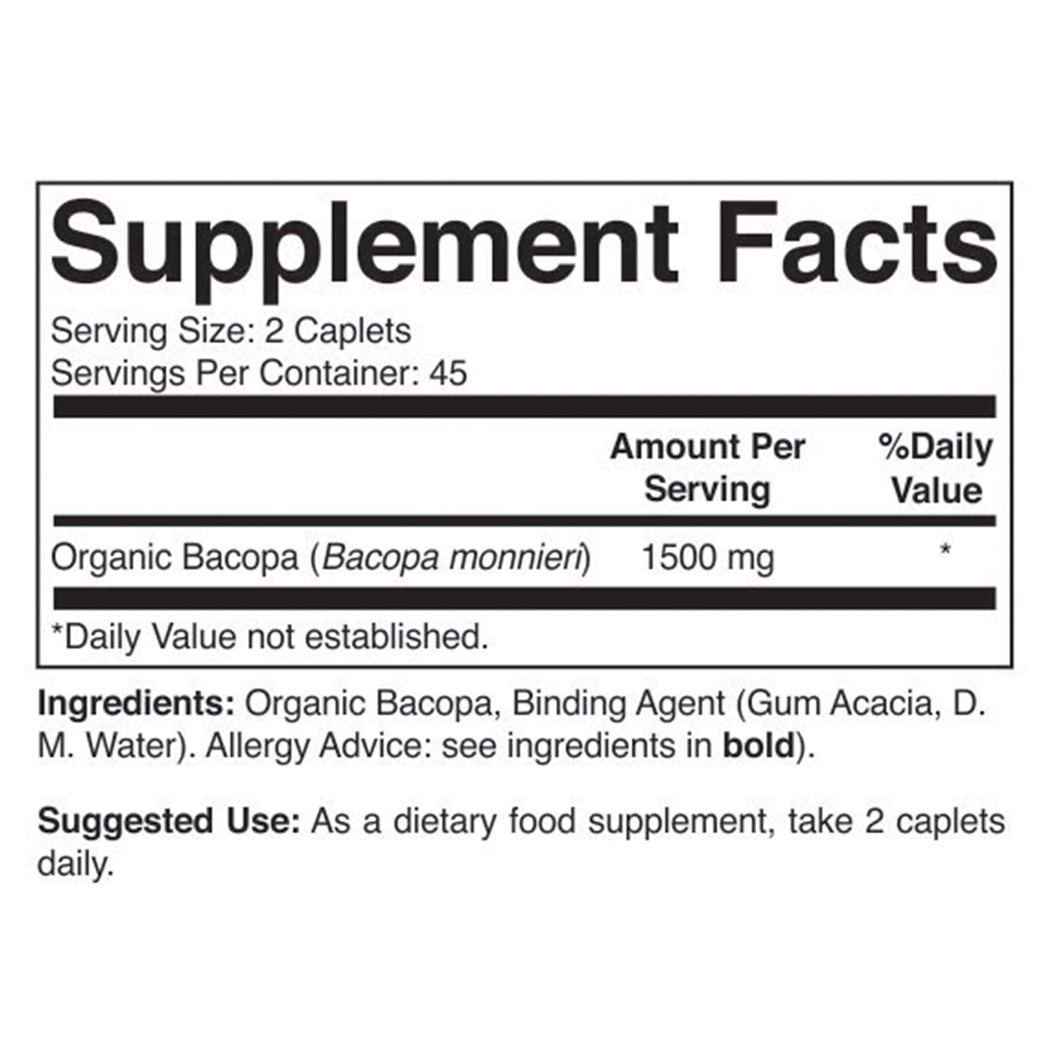 Brieofood Organic Bacopa 1500mg Supplement - 90 Vegetarian Tablets (45 Servings) | Gluten-Free, Non-GMO Brain Support for Memory & Focus | Daily Cognitive Enhancement for Students & Professionals