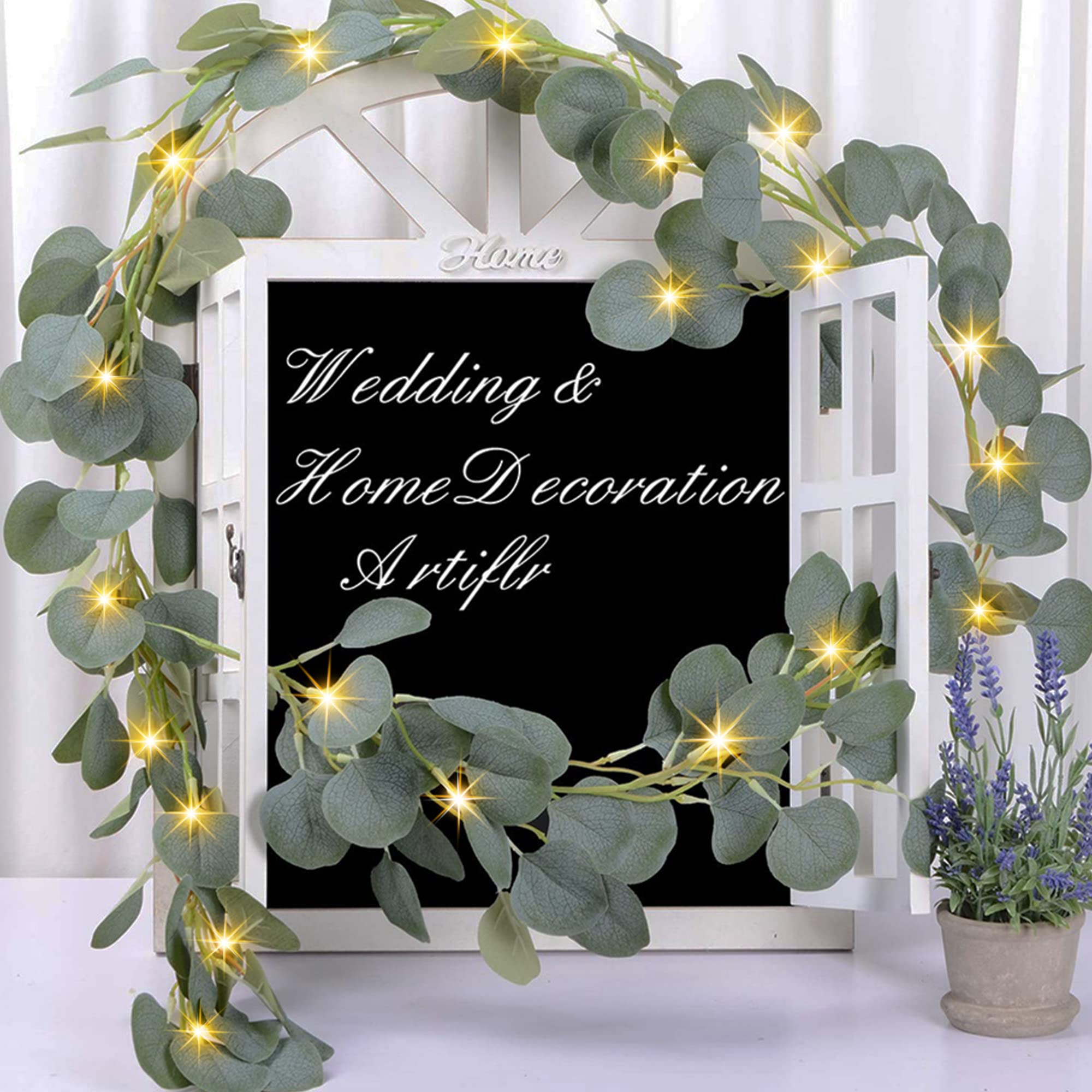 20 Warm White LED Eucalyptus Leaves Garland - 6.6ft Artificial Greenery String Lights for Home, Wedding & Party Decorations | Perfect for Wall Decor, Table Centerpieces, and Outdoor Lighting