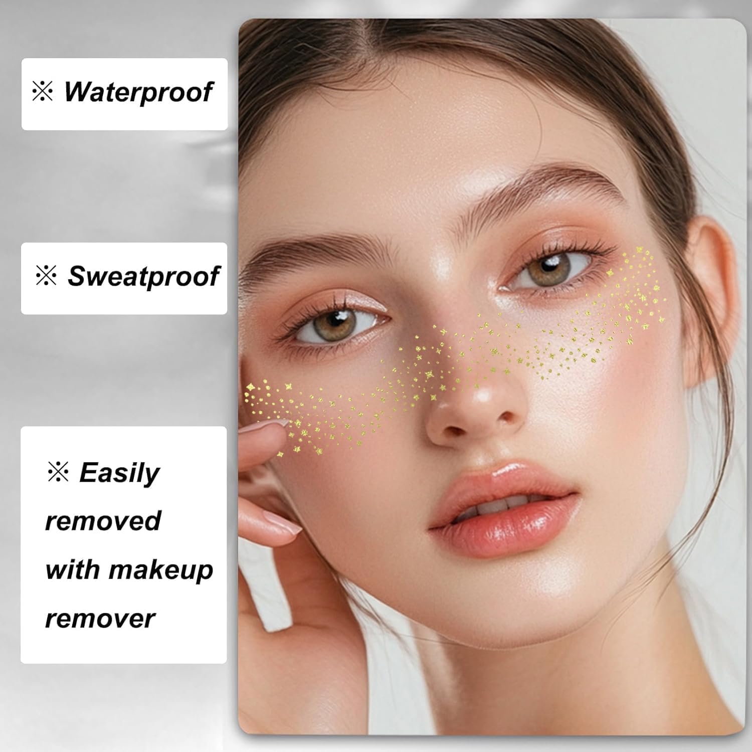 Raenso 6 Pcs Temporary Gold Glitter Star Face Stickers | Waterproof Cosmetic Makeup Patches for Freckles, Festivals, Parties & Halloween | Perfect for Face Art, Costume Parties, Raves and Photo Shoots