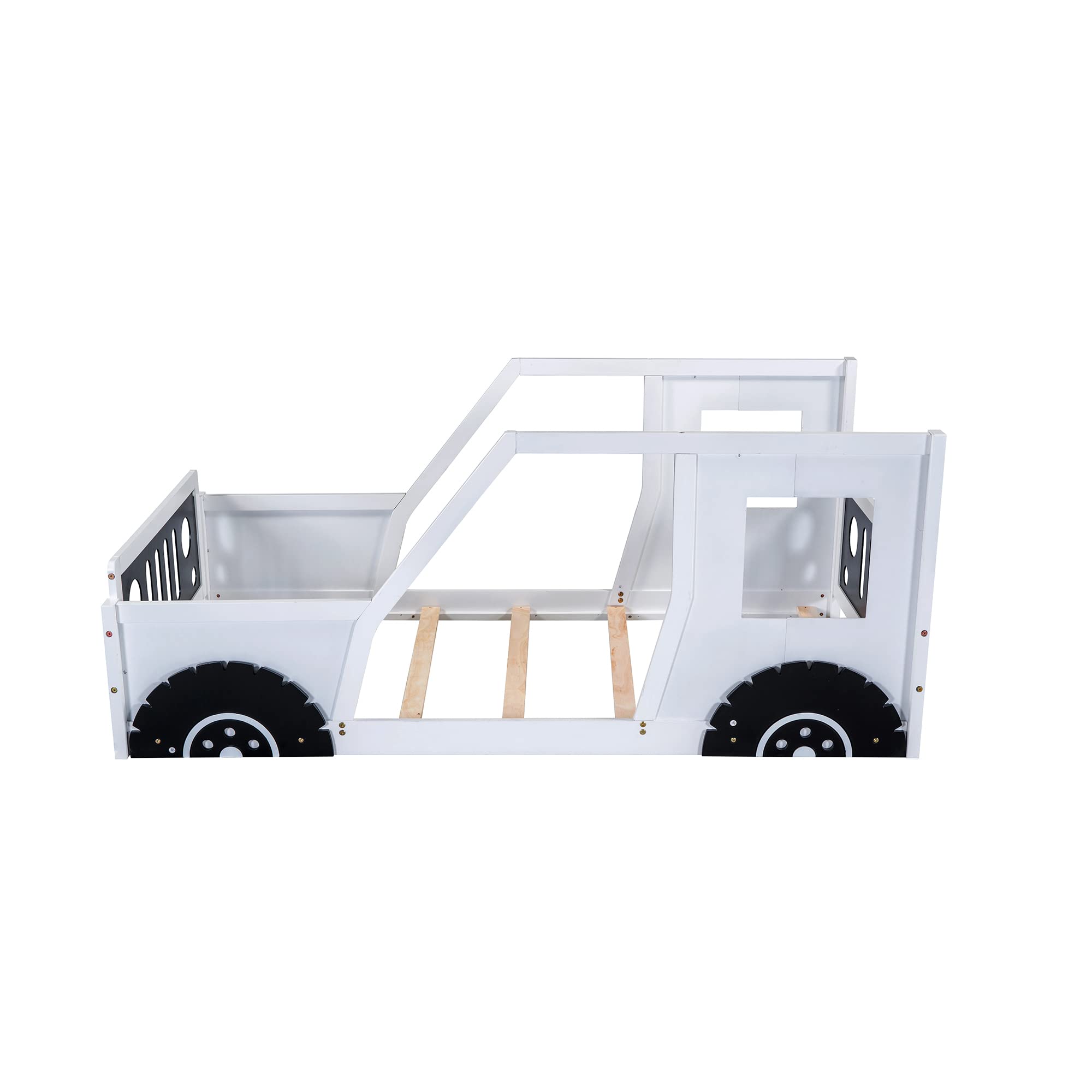 Montessori Twin Size Car-Shaped Floor Bed Frame with Safety Fence & Door - Solid Wood Platform Bed with Wheels for Kids Boys Girls - No Box Spring Needed - Perfect for Playrooms & Kids' Bedrooms (White)