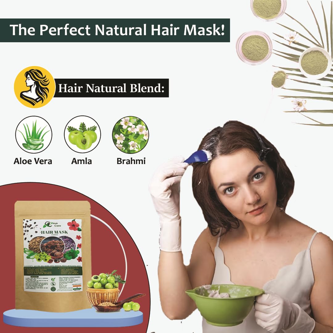 E-HAIR CARE Natural Hair Mask Powder - 100g with Aloe Vera, Amla, Brahmi & 7 Herbs for Hair Growth & Repair | Includes Gloves, Dye Brush, Shower Cap & Ear Caps | DIY Hair Treatment for Dry, Damaged Hair at Home