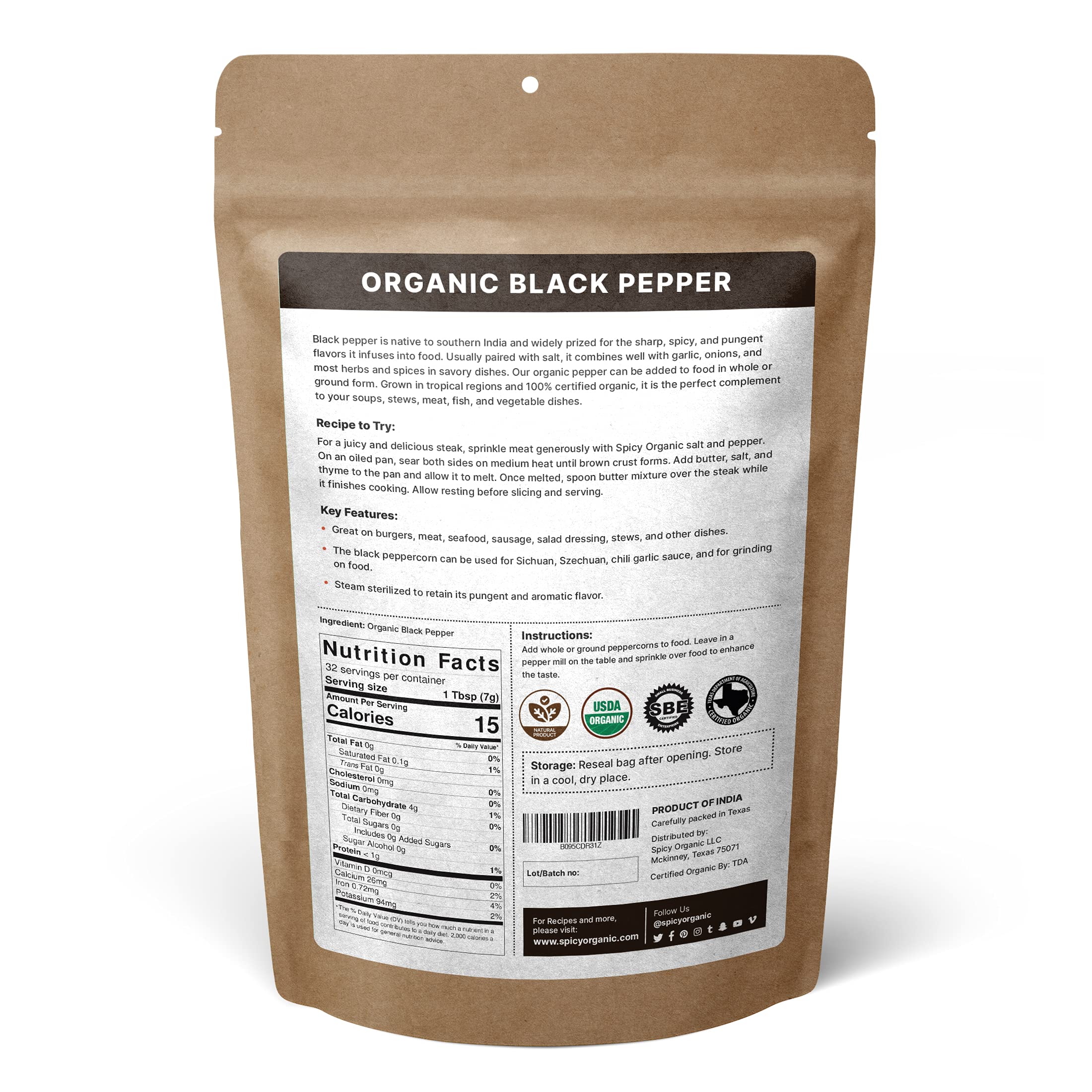 Organic Black Peppercorns Whole 8 oz - Premium Ceylon Quality, Fresh & Spicy Peppercorns for Pepper Grinder Refill - USDA Certified Organic, Gluten-Free, Kosher - Perfect for Cooking, Seasoning & Gourmet Dishes