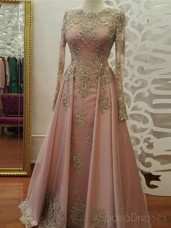 Elegant Long Sleeve Gold Lace Beaded Pink Evening Prom Dress for Sweet 16 | Formal Gown for Homecoming, Ball, Quinceañera & Special Occasions