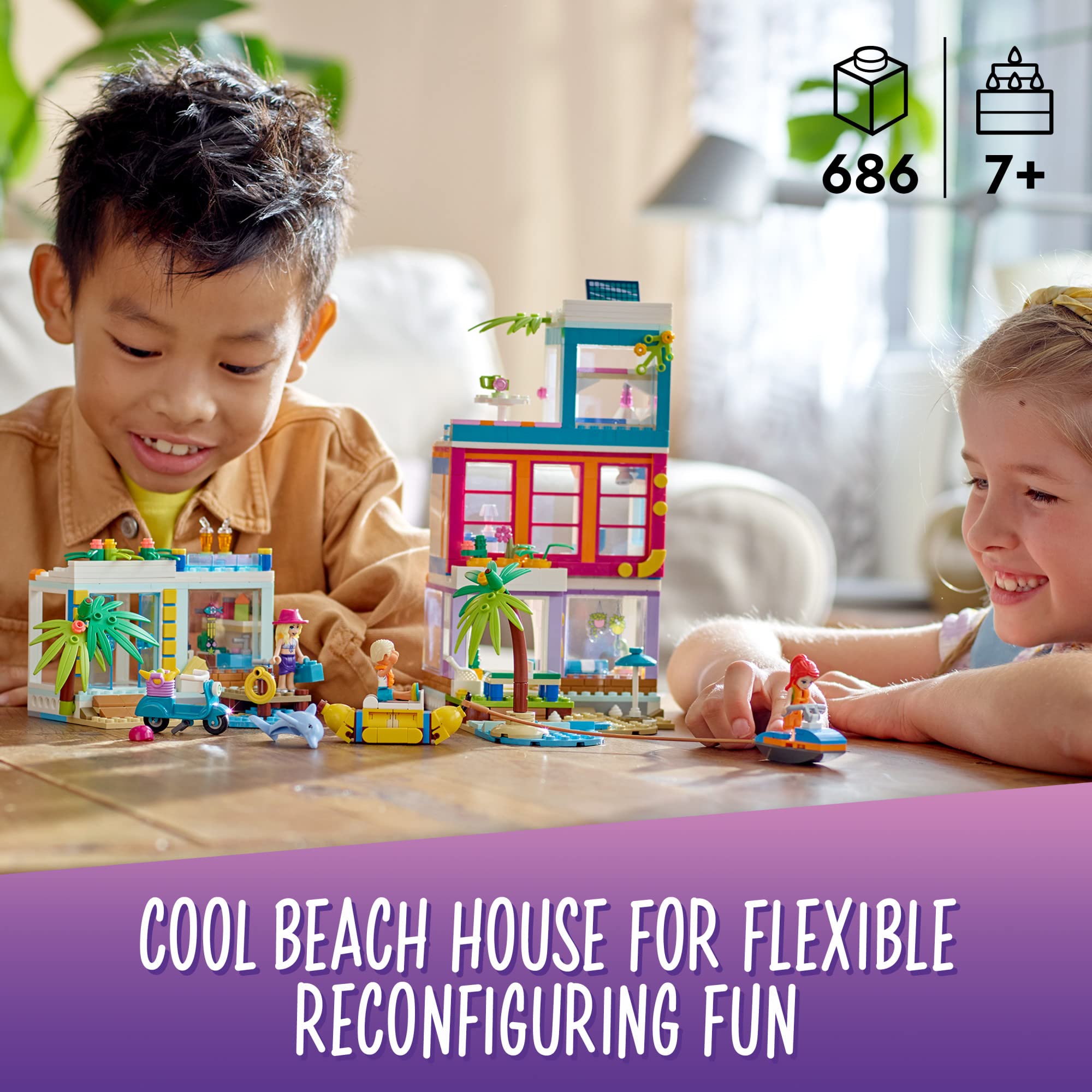 LEGO Friends Vacation Beach House 41709 Building Kit - 686 Pieces with Mia Mini-Doll & 3 Characters, 2 Animal Figures - Creative Gift for Kids Ages 7+ - Perfect for Beach-Themed Play, Birthday Presents & Imaginative Role-Playing Scenes