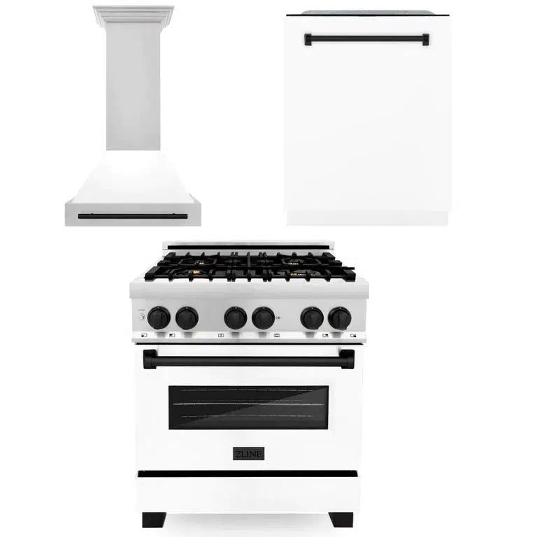 ZLINE Autograph Edition 30-inch Stainless Steel Dual Fuel Range with White Matte Door, Range Hood & Dishwasher - Matte Black Accents | Professional Kitchen Package for Home Chefs & Modern Kitchens (3AKP RAWMRHDWM30 MB)
