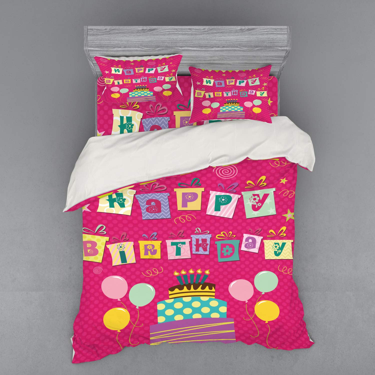 Ambesonne Birthday Party Bedding Set - 4 Piece Duvet Cover with Shams & Fitted Sheet, Queen Size, Colorful Present Boxes Balloons Cake Design in Dark Coral Multicolor | Perfect for Birthday Decorations, Themed Bedrooms & Gift Ideas