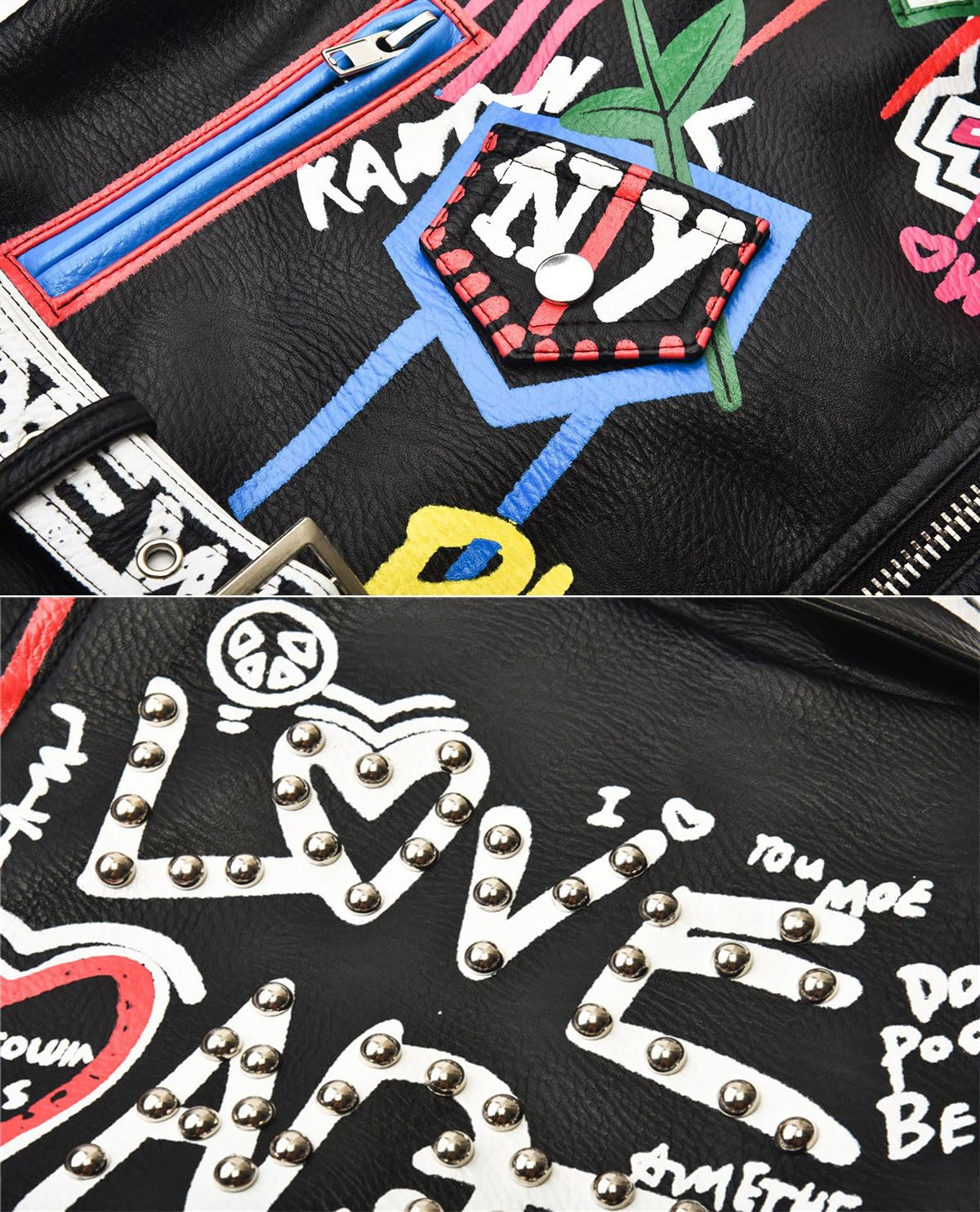 LRX Women's Faux Leather Jacket - Punk Style Cartoon Print Moto Coat with Studded Badge & Graffiti Design | Perfect for Biker, Concert, Halloween & Streetwear Fashion