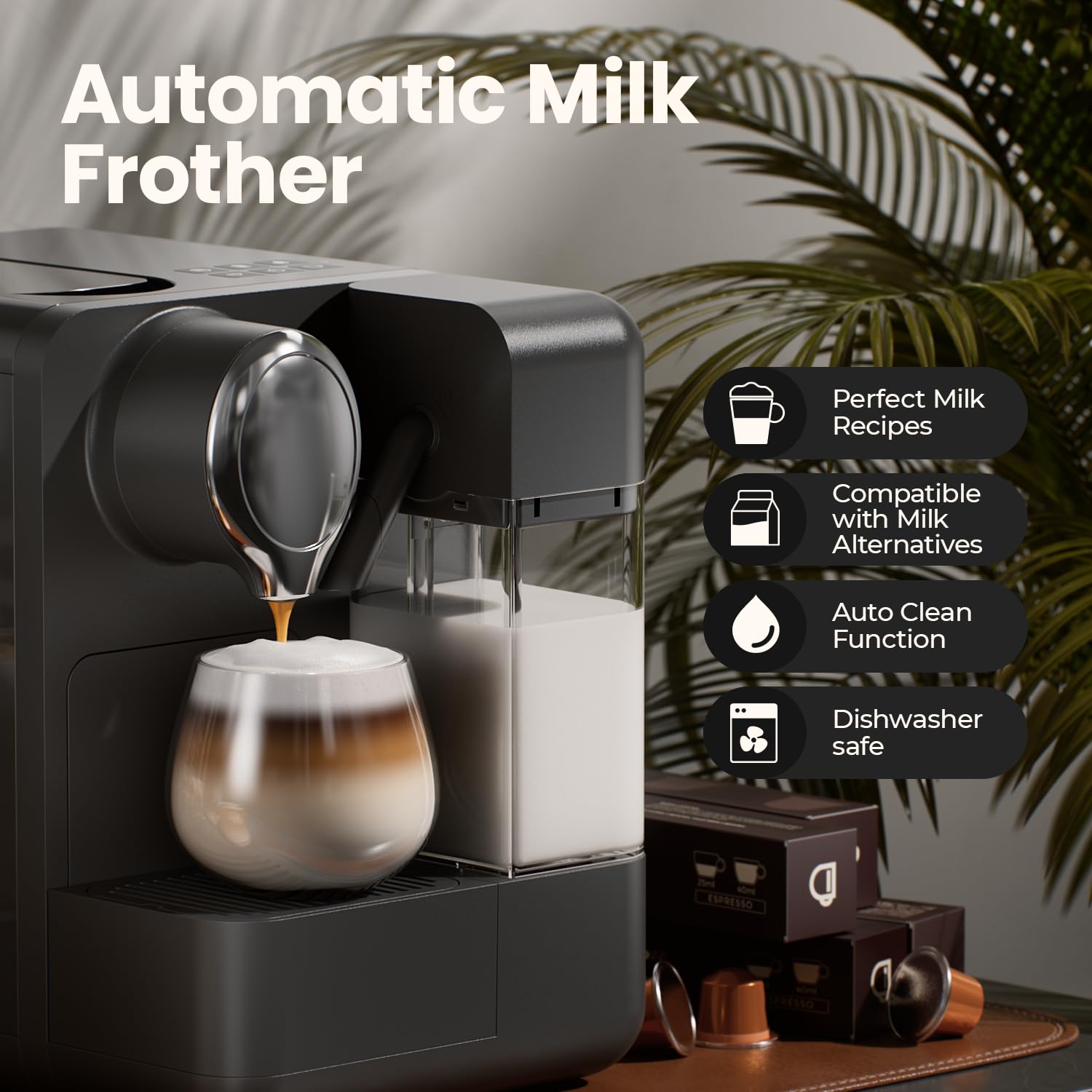Premium Espresso Machine with Built-in Automatic Milk Frother - Single-Serve Coffee Maker Compatible with Pods & Capsules, One-Touch Latte & Cappuccino Maker, Single/Double Shot Function - Perfect for Home, Office & Coffee Shop Use