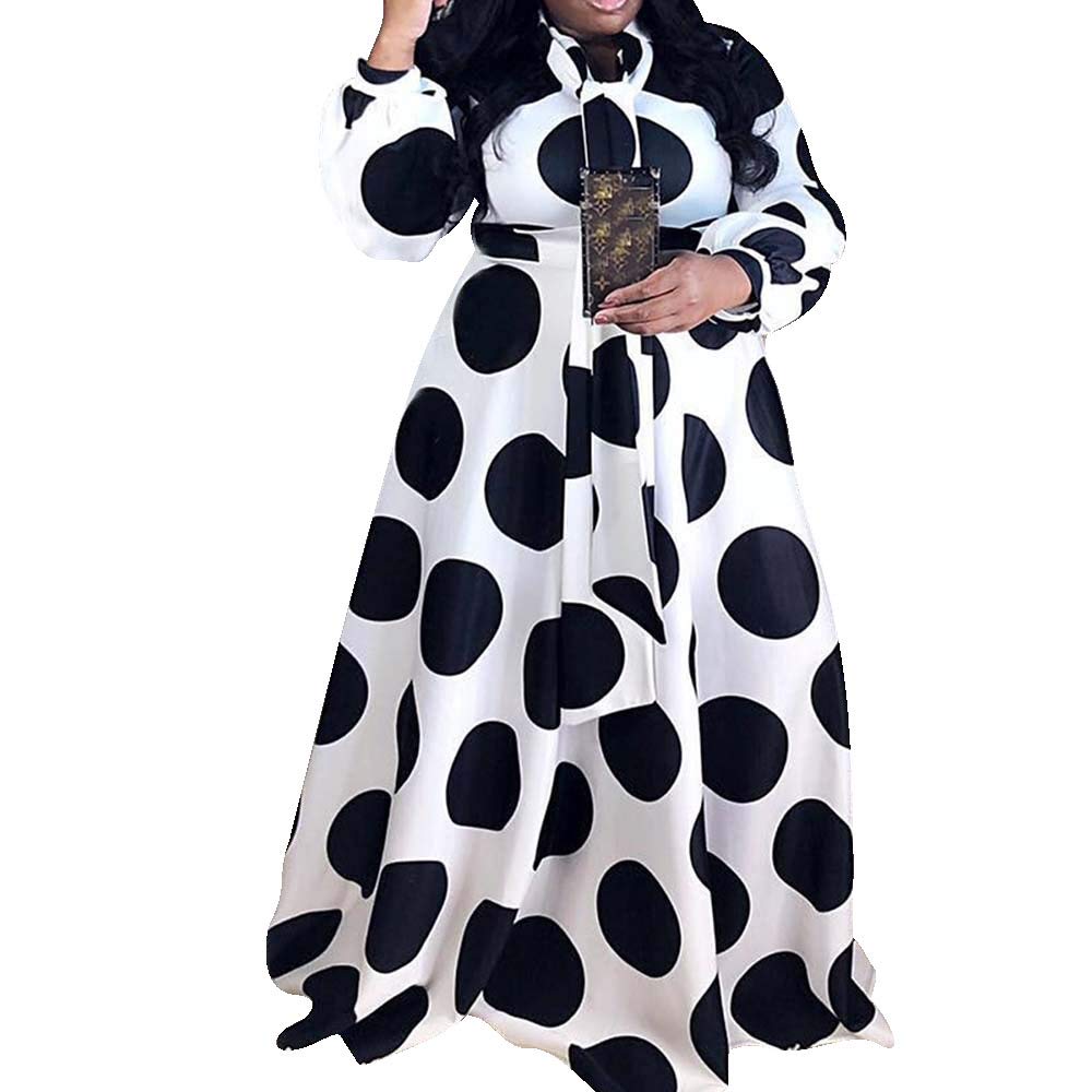 VERWIN Plus Size Long Sleeve Maxi Dress with Pockets - Flowy Dotted Print Formal Gown for Women, Perfect for Prom, Evening Parties & Special Occasions