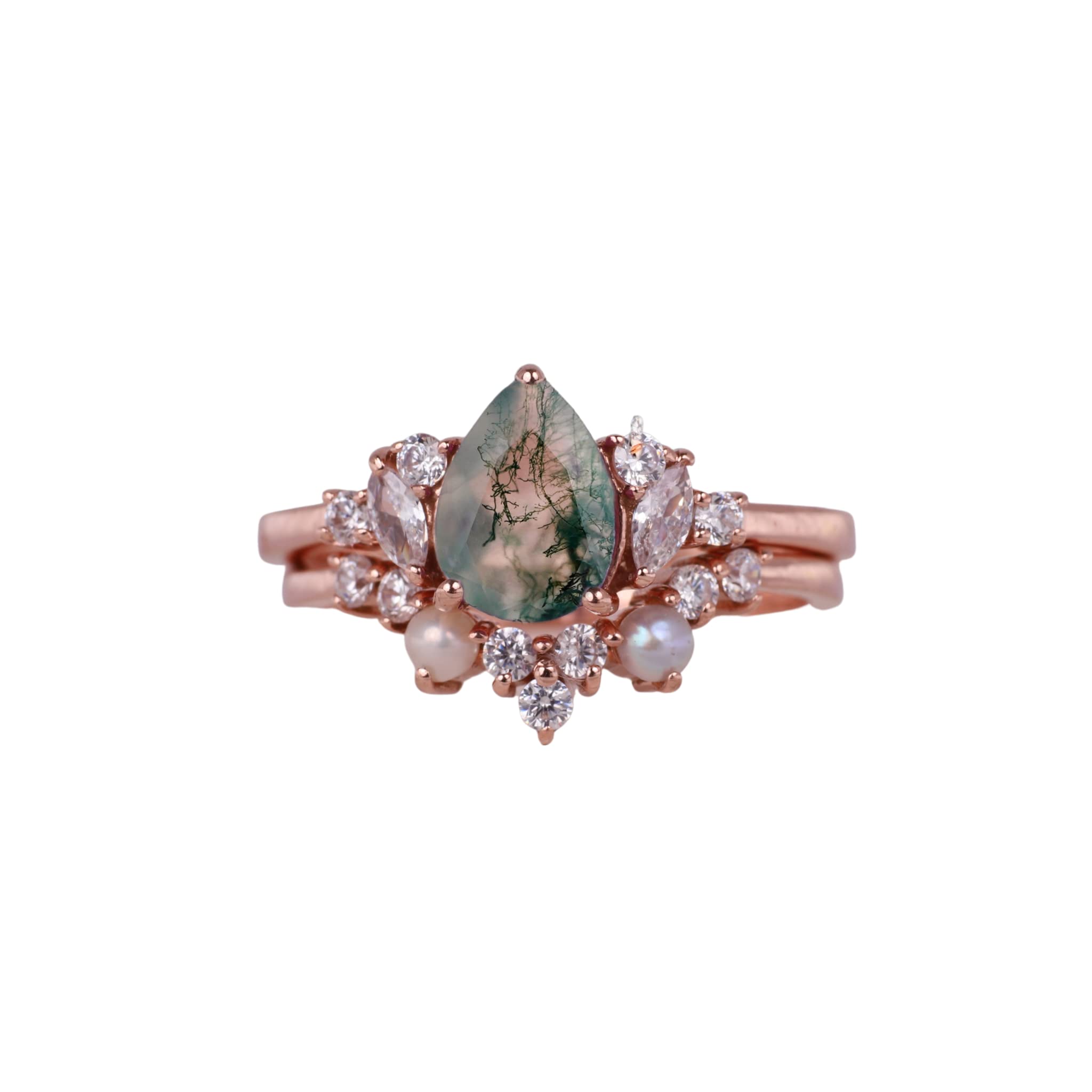 Elegant Bridal Pearl & Moss Agate Ring Set - Rose Gold Plated Art Deco Wedding Jewelry with CZ Stones | Perfect for Engagement, Anniversary Gifts & Special Occasions | BY KANISHKA GEMS JEWELS