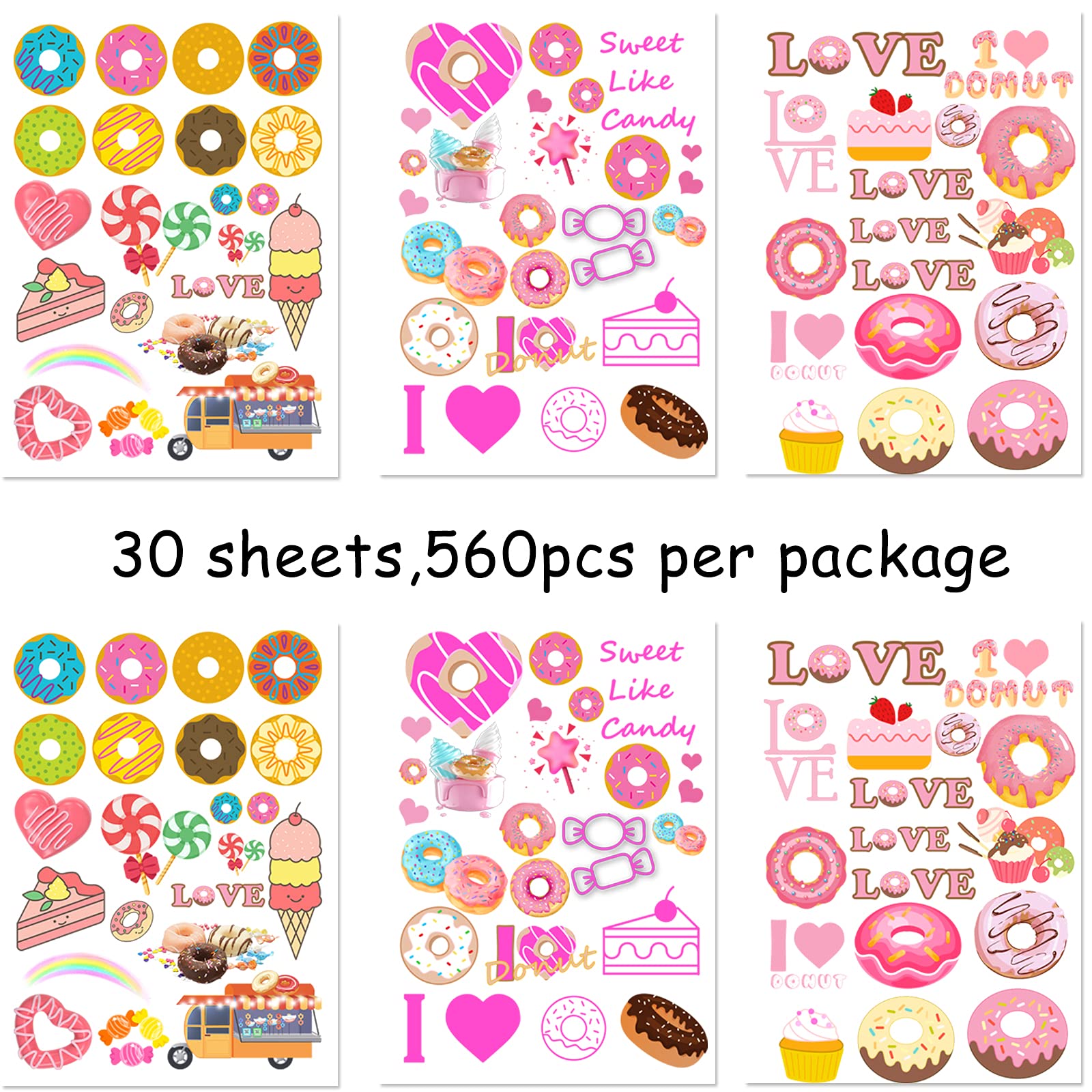 560PCS Donut Party Favors Temporary Tattoos - Sweet Candy Ice Cream Themed Stickers for Baby Showers, Birthday Parties & Summer Events (30 Sheets) | Fun Goodie Bag Stuffers & Party Decorations | Perfect for Kids, Teens & Adults