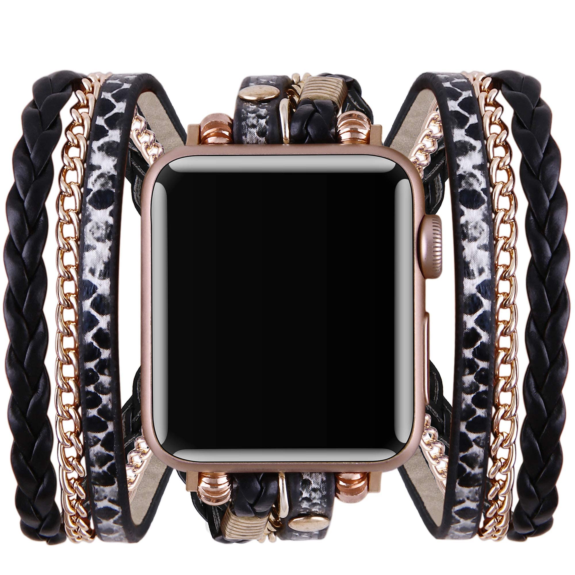 Premium Osber Posh Multi-Layer Leather Watch Bands Compatible with Apple Watch 38mm 40mm 41mm - Stylish Boho Bracelet for iWatch SE Series 7/6/5/4/3/2/1 - Unisex Design for Women & Men (Black/Leopard) - Perfect for Work, Travel & Casual Wear