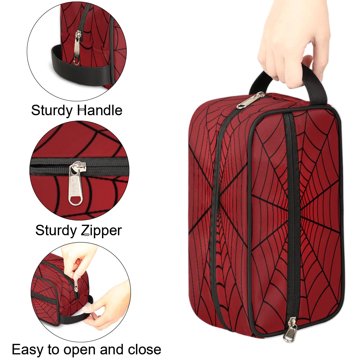 Waterproof Hanging Toiletry Bag for Travel - Red Spiders Web Cosmetic Organizer, TSA Approved Makeup & Hygiene Dopp Kit - Perfect for Shower, Bathroom & Carry-On Accessories (Ideal Gift for Travelers)