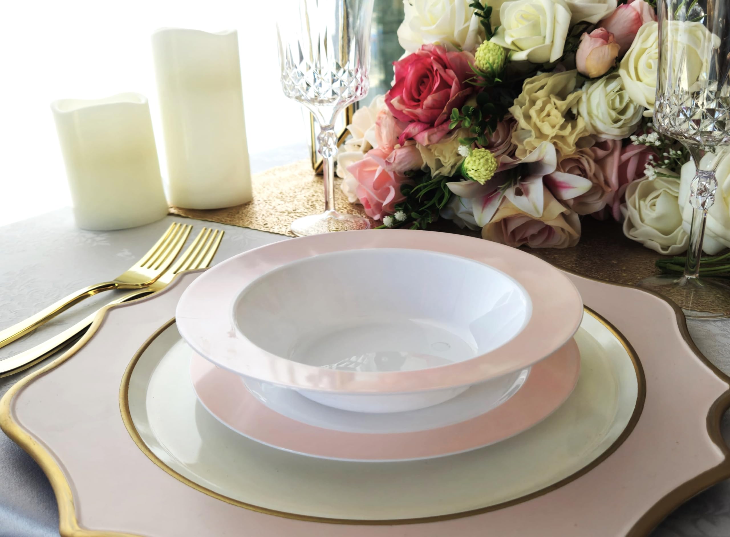 40-Piece Disposable Plastic Plates & Bowls Set - 12 oz Soup Bowls for Wedding, Party, Baby Shower (White & Pearled Pink Blush) | Elegant Tableware for Catering, Picnics & Special Events
