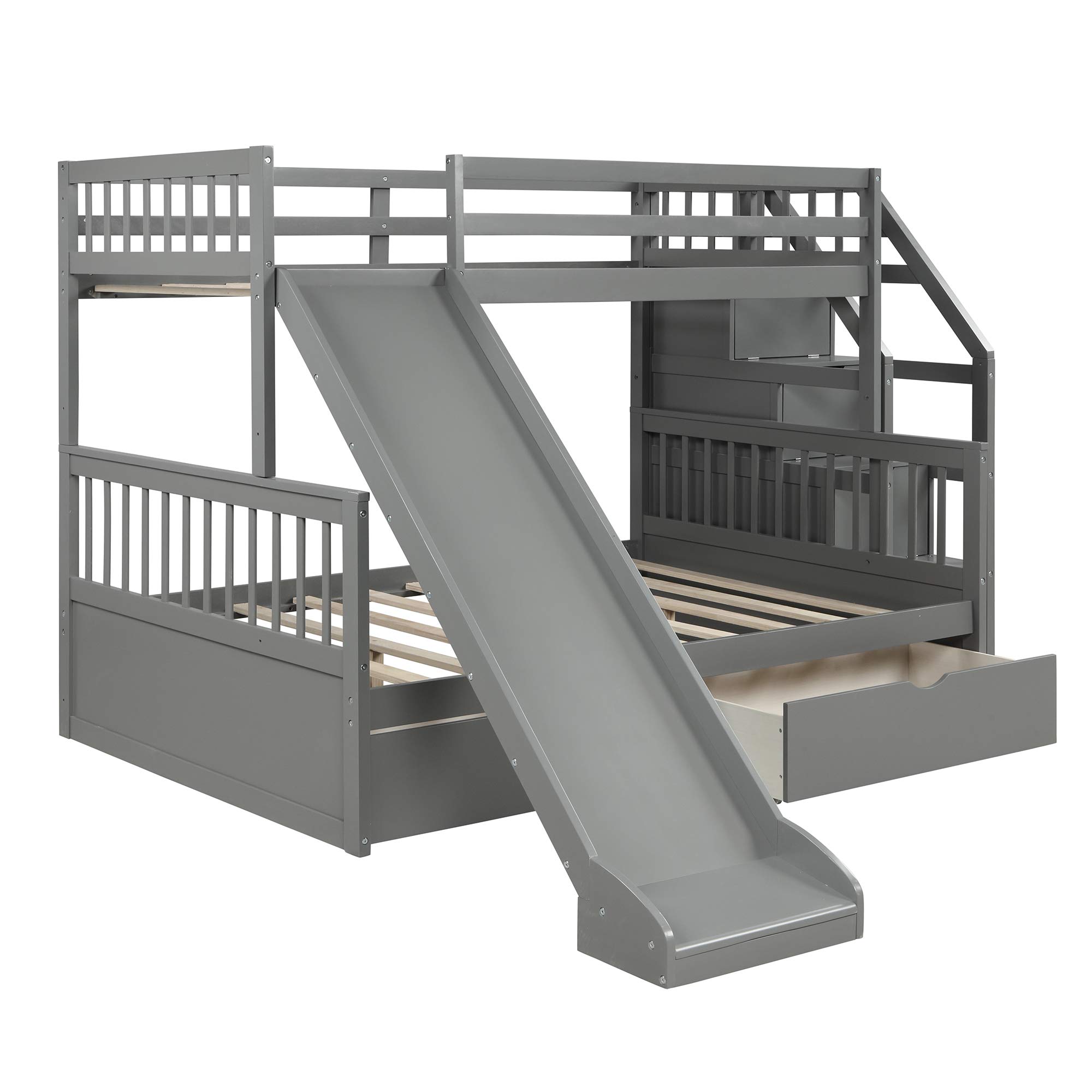 KLMM Twin Over Full Bunk Bed with Storage & Slide - Convertible for Kids & Adults (Gray) - Perfect for Small Spaces & Shared Rooms