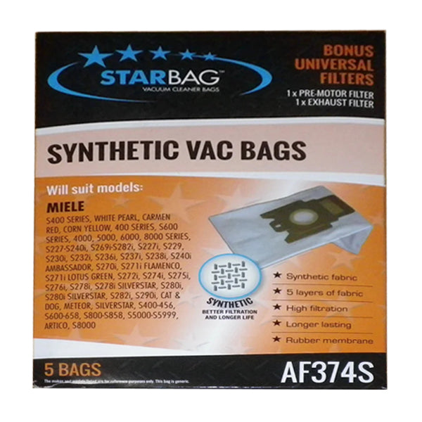 Starbag AF374S Synthetic Vacuum Cleaner Bags - 6 Pack, HEPA Filtration, Compatible with Major Vacuum Brands | Ideal for Home Cleaning, Pet Hair Removal & Allergy Relief