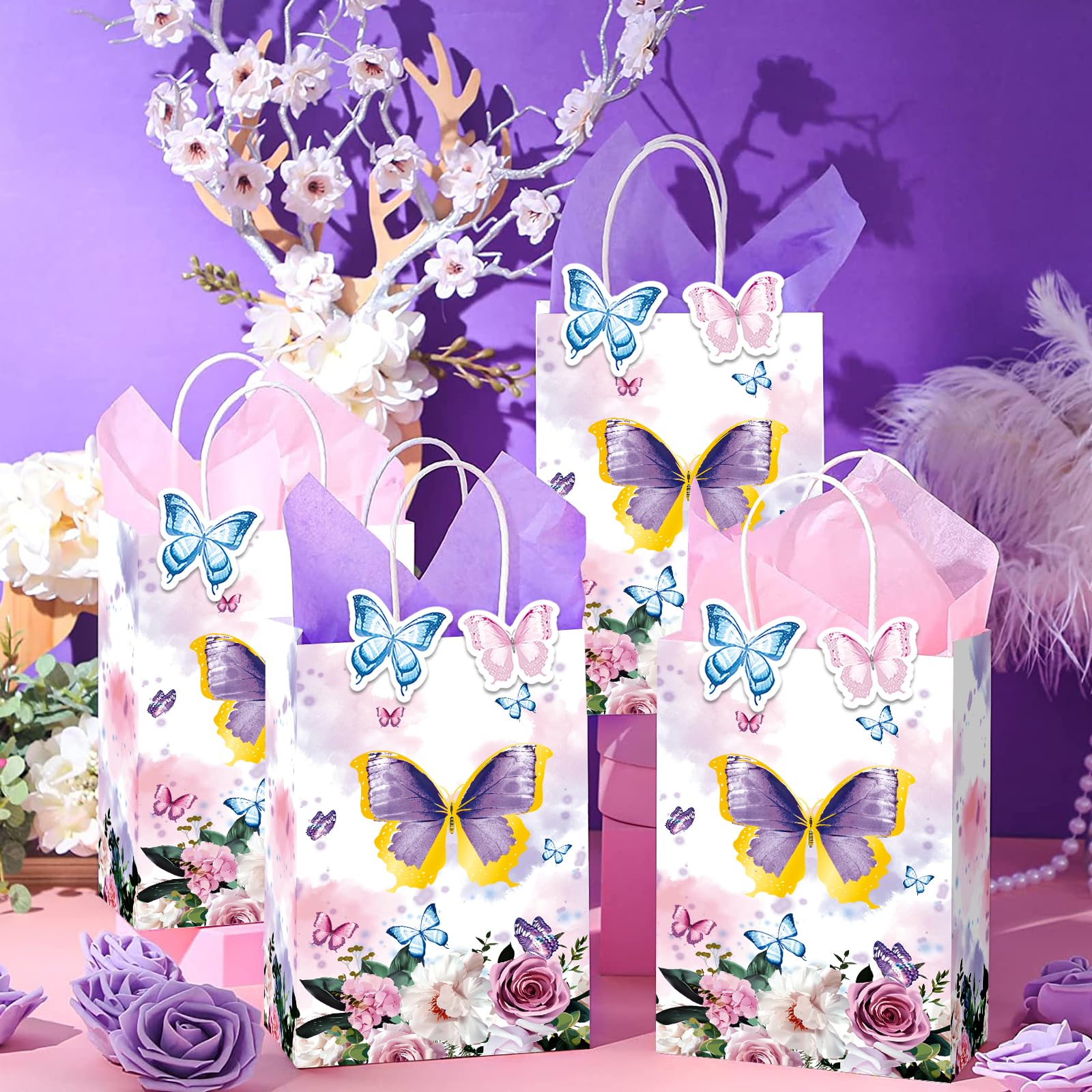 16-Piece Butterfly Candy Bags with Handles - Kraft Paper Goodie Bags for Wedding, Birthday Party & Baby Shower Favors - Perfect for Candy, Treats & Party Decorations