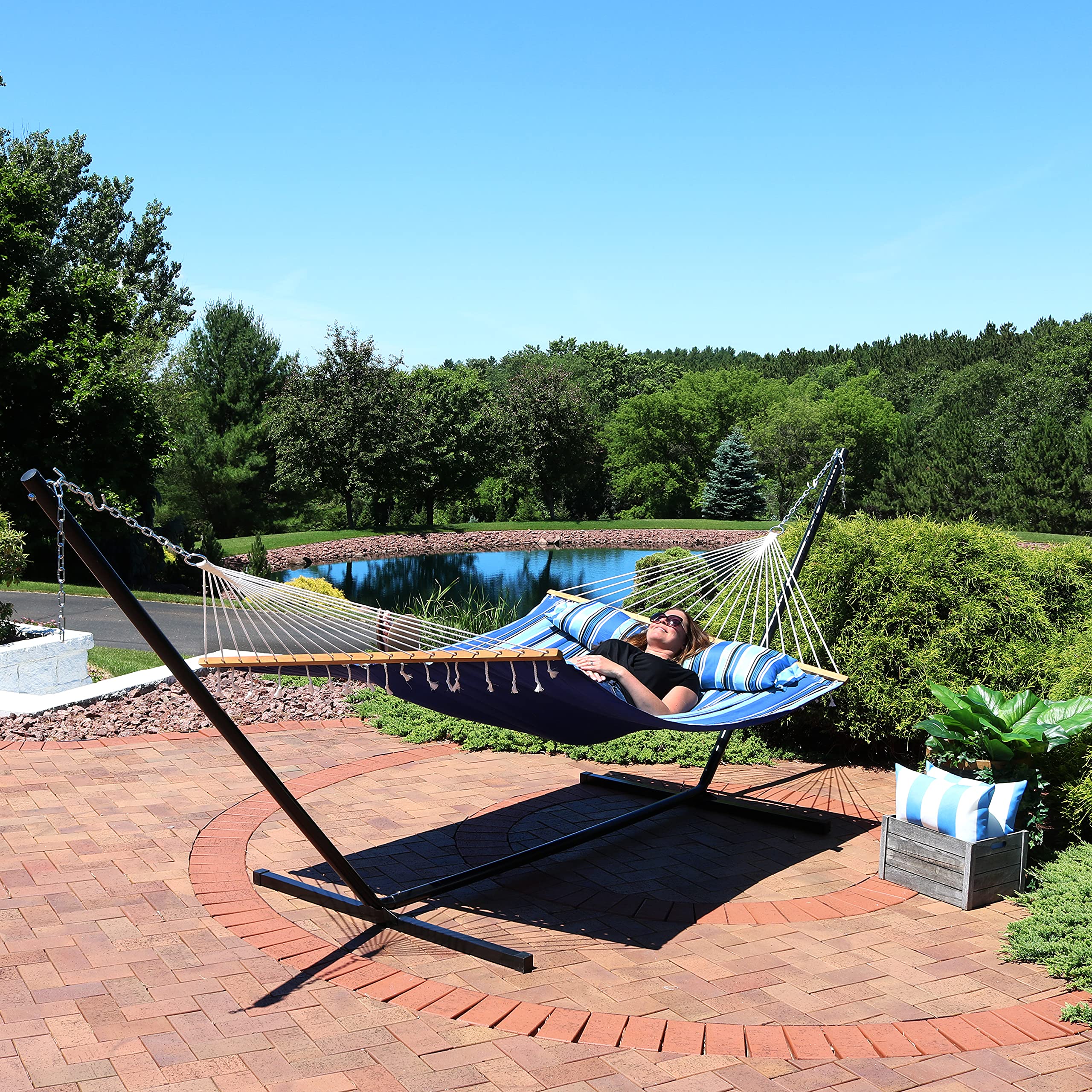 SunnyDaze Quilted Double Hammock with Stand - 400 lb Capacity Outdoor Hammock for 2 People - 15 ft Steel Frame - Perfect for Backyard, Beach & Camping - Misty Beach Design