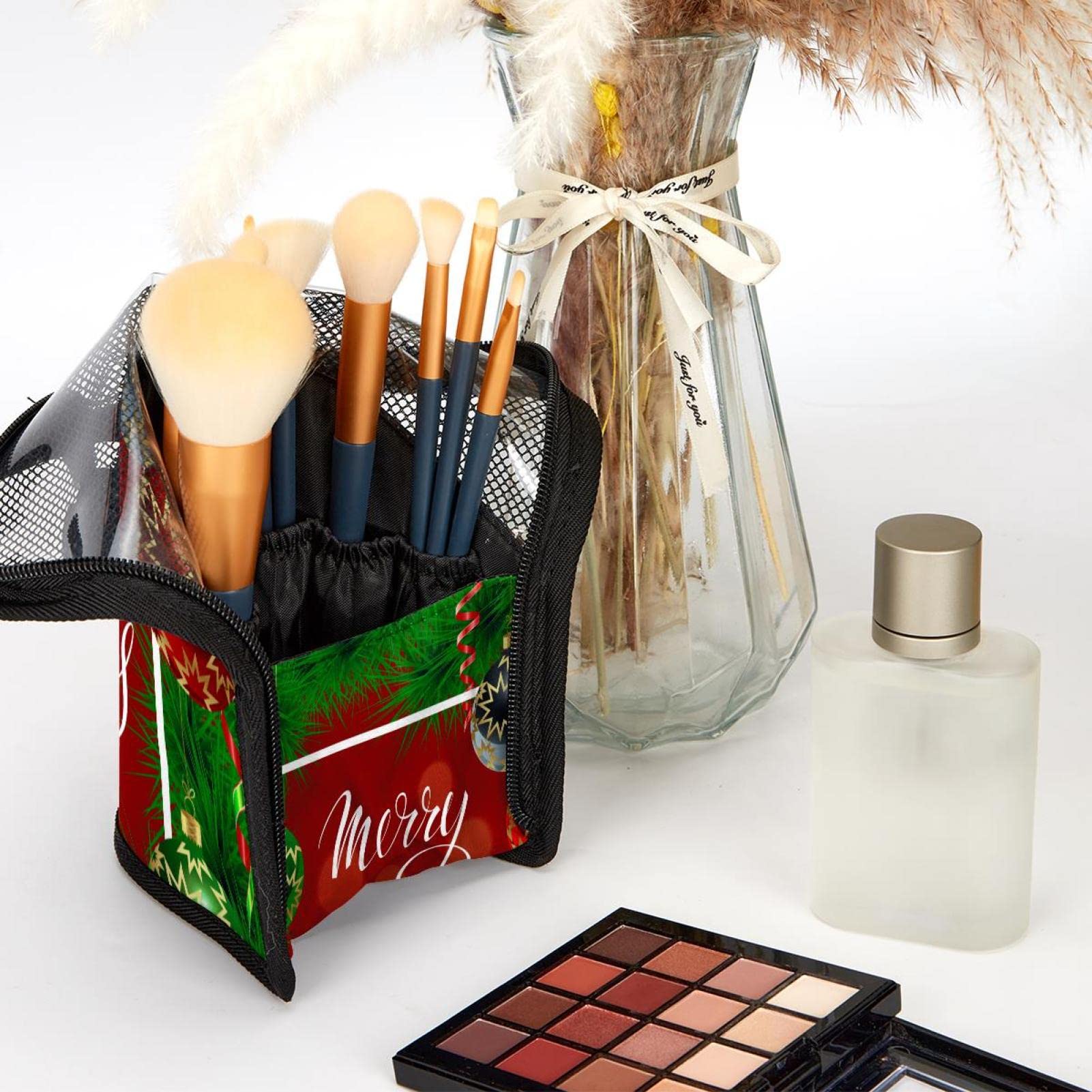 12-Piece Makeup Brush Organizer Bag with Christmas Card - Portable Travel Makeup Brush Holder Case for Professional Artists & Beginners (Perfect for Holiday Gifts, Travel, Salon & Home Makeup Storage)