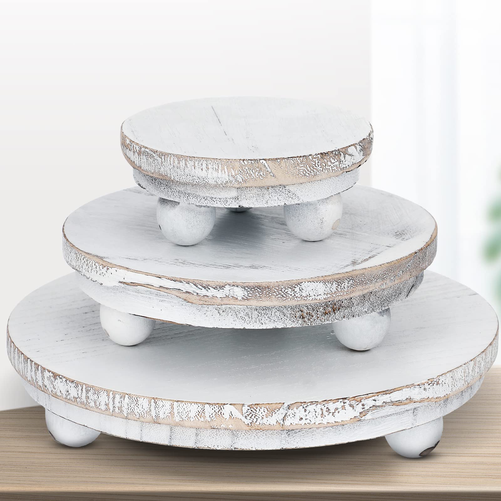 Amyhill 3-Piece Round Wooden Risers - Rustic Farmhouse Pedestal Stands for Home Decor, Kitchen Display & Tiered Serving Trays (Washed White, 8/6/4 Inch) | Perfect for Coffee Table Centerpieces, Dessert Displays & Bathroom Organization