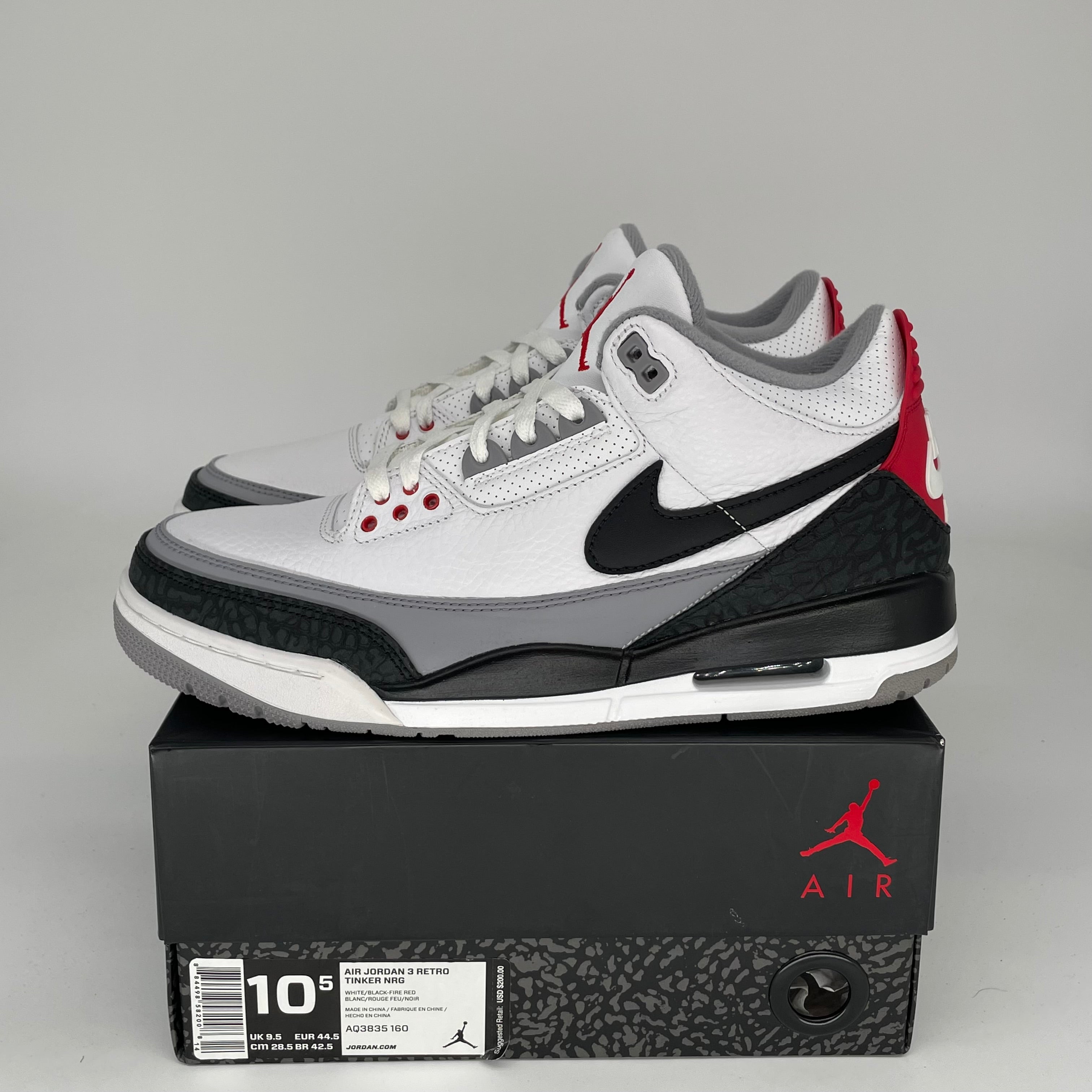 AIR JORDAN 3 TINKER HATFIELD Men's Basketball Shoes Size 10.5 White/Fire Red-Cement Grey AQ3835-160 - Perfect for Streetwear, Sneaker Collecting & Basketball Games
