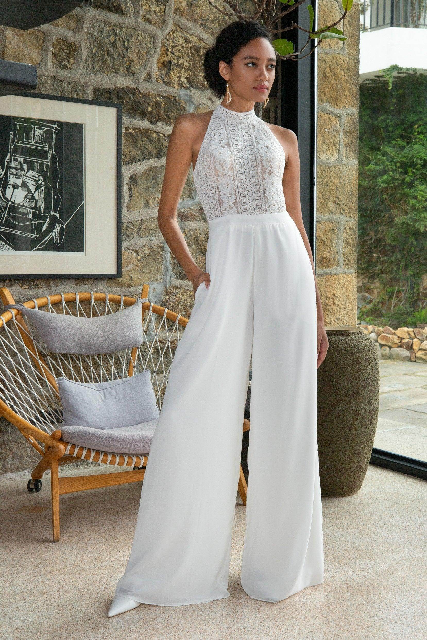 Elegant Floor-Length Chiffon Lace Wedding Jumpsuit for Bride - CW2354CR | Perfect for Beach Weddings, Vow Renewals & Formal Evening Events