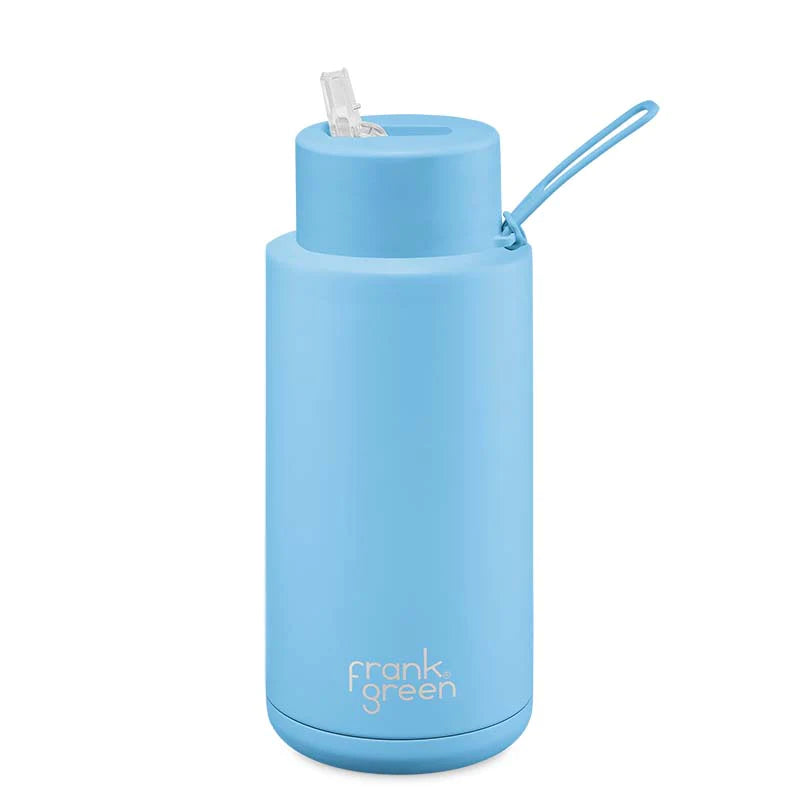 Frank Green 1L Ceramic Reusable Water Bottle with Straw Lid - 34oz Insulated Travel Mug for Hot & Cold Drinks - Perfect for Gym, Hiking, Office & Outdoor Activities