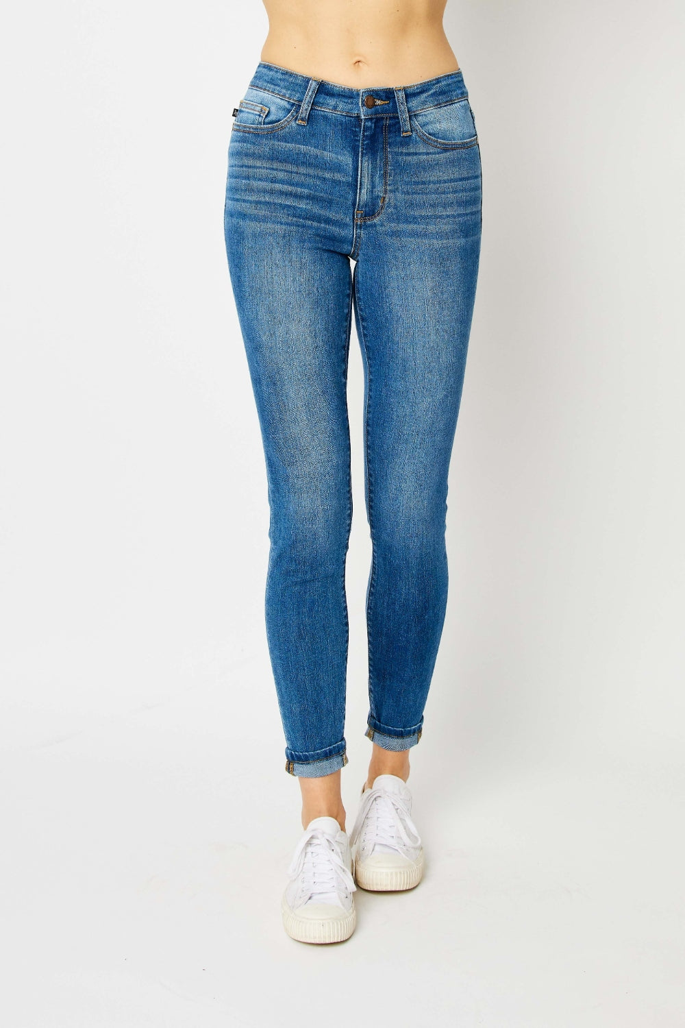 Judy Blue Women's Cuffed Hem Skinny Jeans - High Waist Stretch Denim Pants for Everyday Wear & Casual Outfits