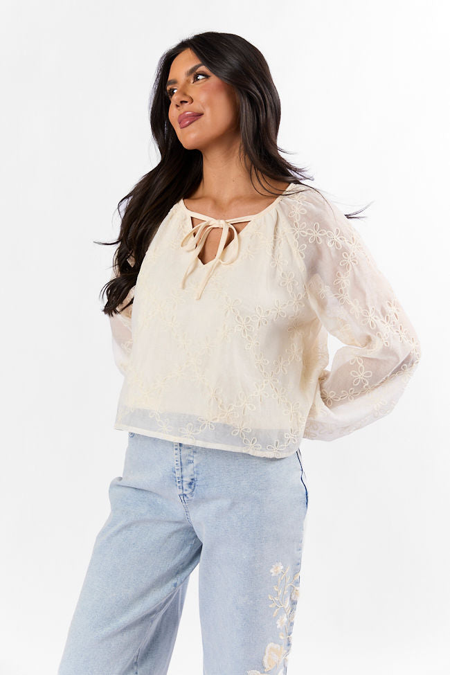 Face The Music Cream Embroidered Blouse for Women - Elegant Casual Top with Floral Embroidery | Perfect for Office Wear, Date Night & Spring Outfits