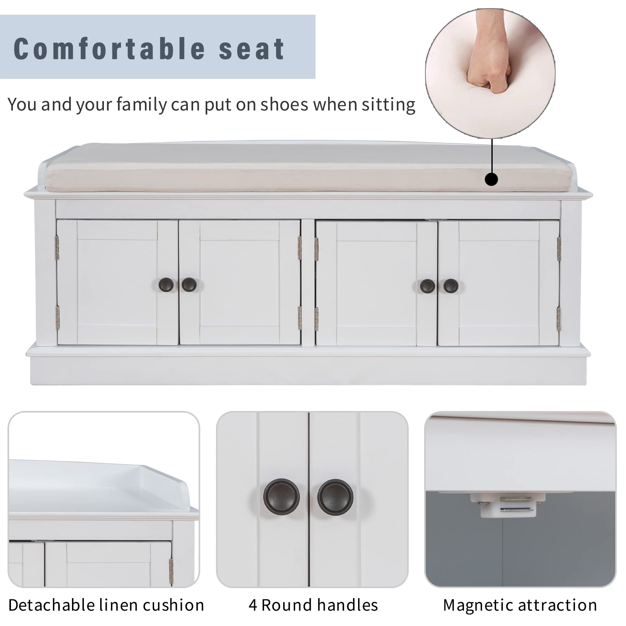 P PURLOVE Farmhouse Style Storage Bench with Adjustable Shelves & Removable Cushion - White Entryway Shoe Bench for Hallway, Living Room & Bedroom Organization