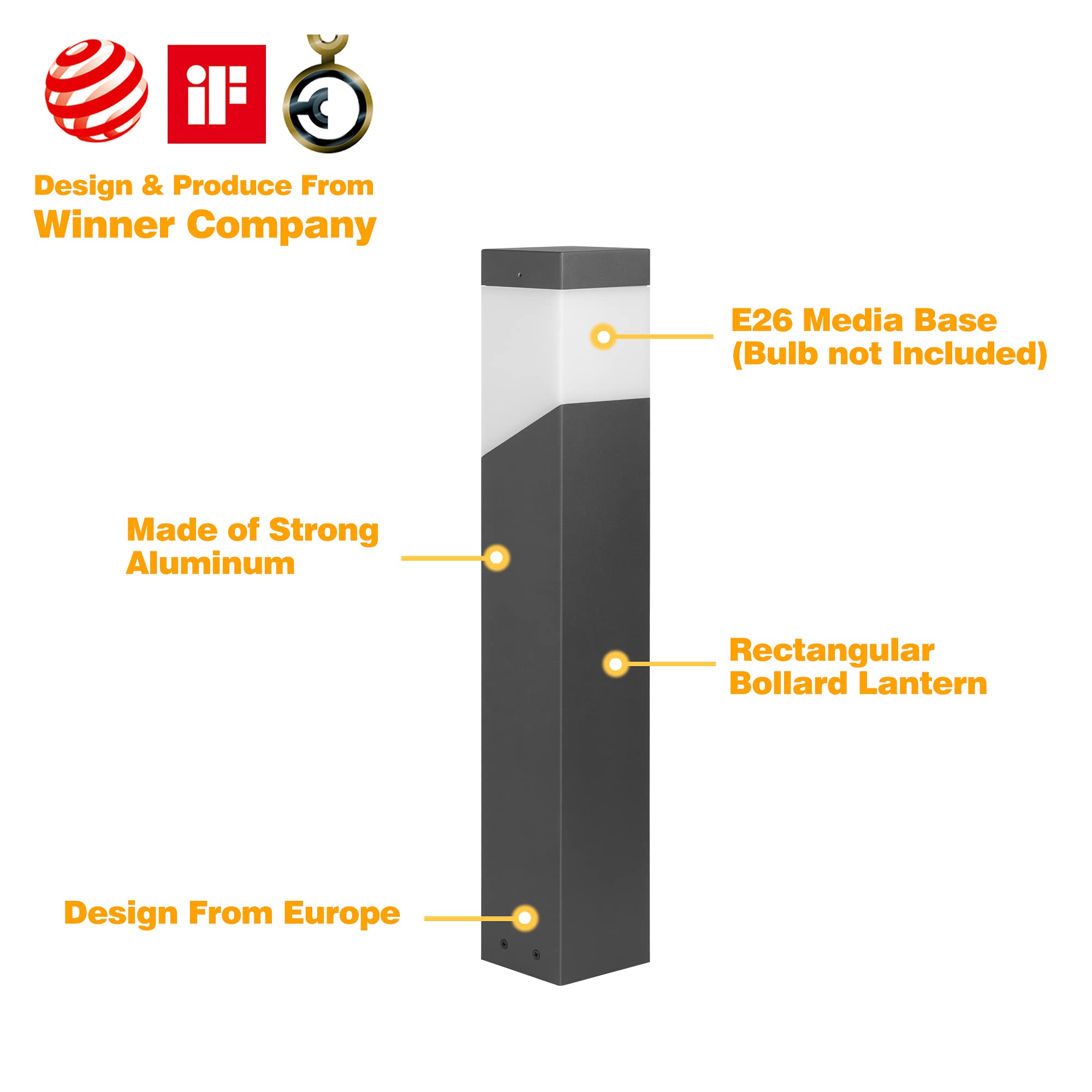 Modern Outdoor Pathway Bollard Lights - E26 Base, IP44 Waterproof Aluminum Garden Landscape Lighting (19Inch, 120V) - Perfect for Walkways, Patios, Yards & Driveway Decor