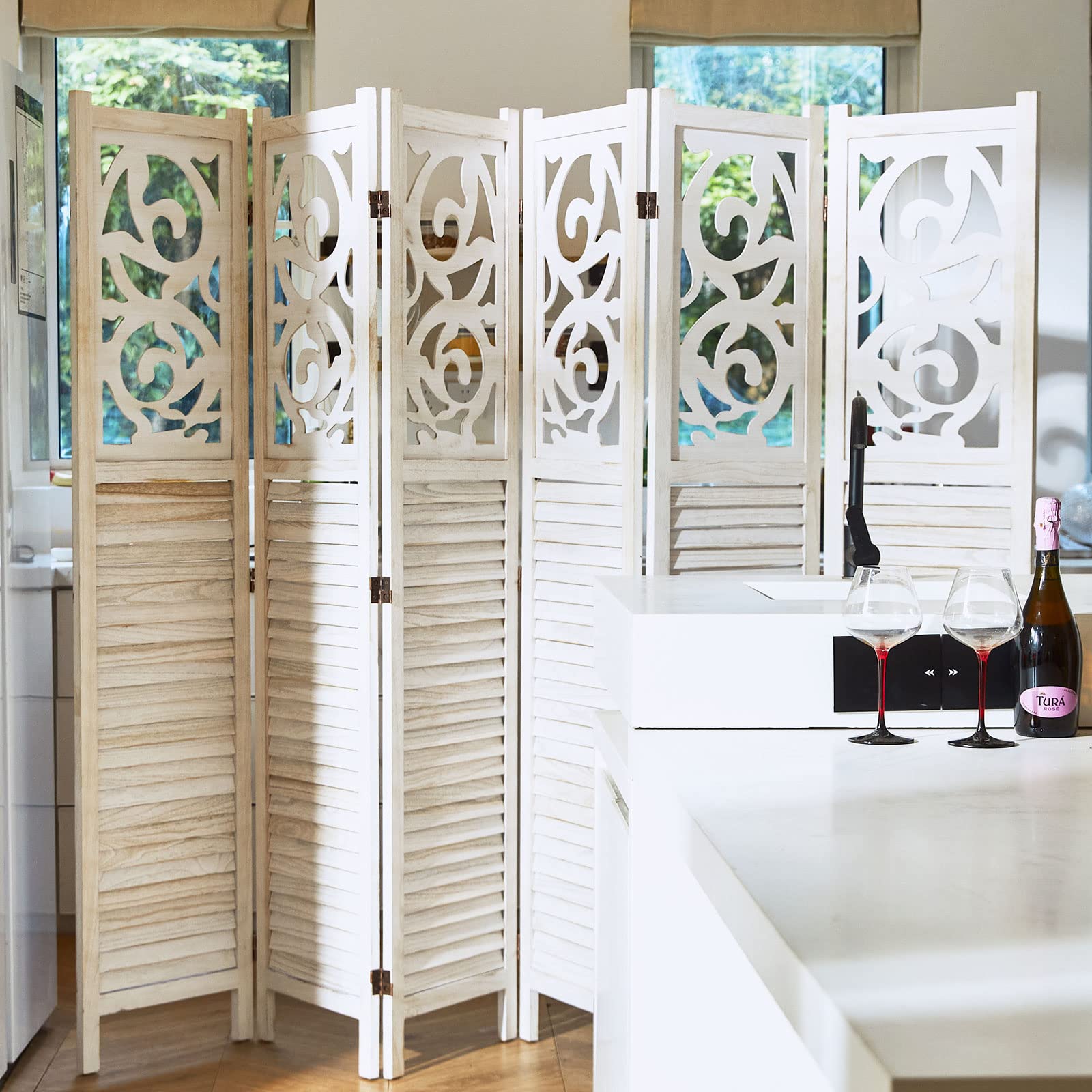 Wooden Room Divider Screen - 6 Panel Folding Partition for Home, Office, Garden & Terrace | 67x90 Inches Portable Wall Divider (White) | Perfect for Privacy, Space Separation & Decoration