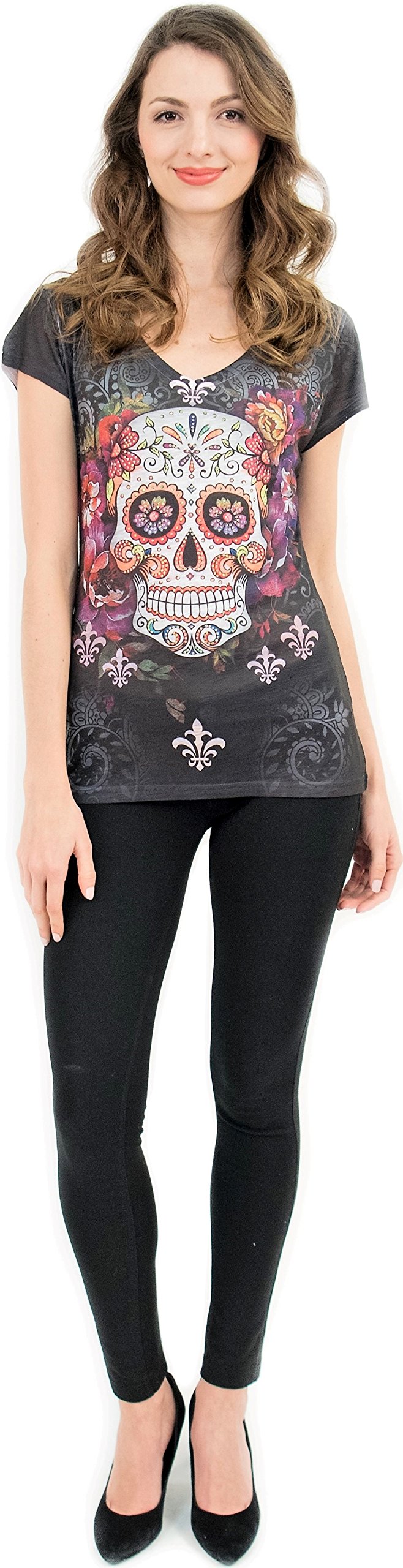 USA Made Women's Sugar Skull V-Neck T-Shirt with Rhinestone Decor - Gothic Fashion, Day of the Dead Celebration & Casual Wear