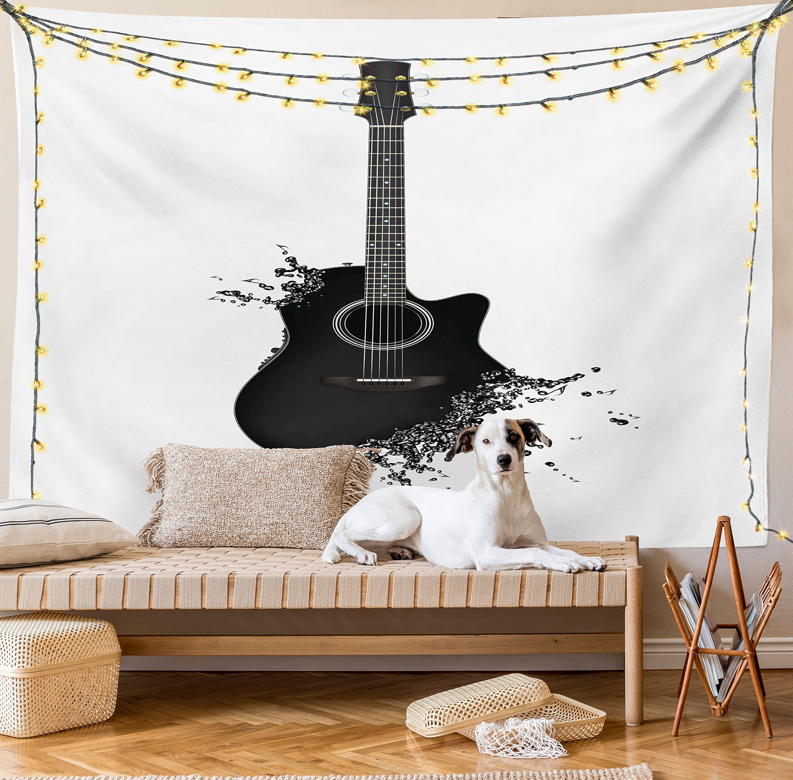 Ambesonne Guitar Wall Tapestry - 40x60 Inch Black & White Acoustic Instrument Art with String Details | Modern Music Themed Decor for Bedroom, Living Room, Dorm | Perfect for Musicians' Rooms, Studio Backdrops & Concert Theme Parties