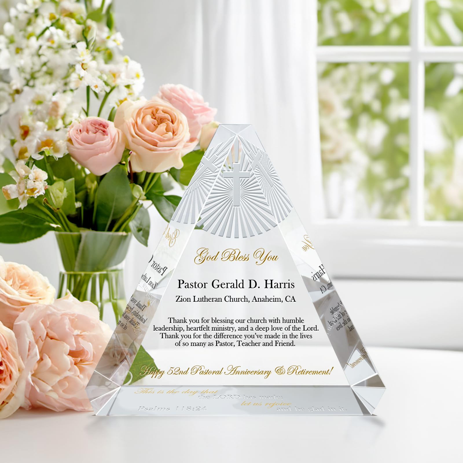 Custom Crystal Trinity Pastor Retirement Gift Plaque - Engraved Cross Design with Personalized Message, Pastor & Church Name - 7 Inch Unique Minister Appreciation Present for Retirement Ceremony, Church Anniversary & Spiritual Leadership Recognition