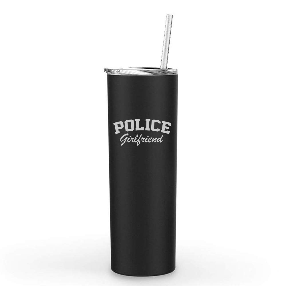20 oz Skinny Tall Stainless Steel Vacuum Insulated Tumbler with Straw & Lid - Leakproof Travel Mug for Coffee, Tea & Cold Drinks - Perfect Gift for Police Girlfriend (Black) - Ideal for Commuting, Office & Outdoor Activities